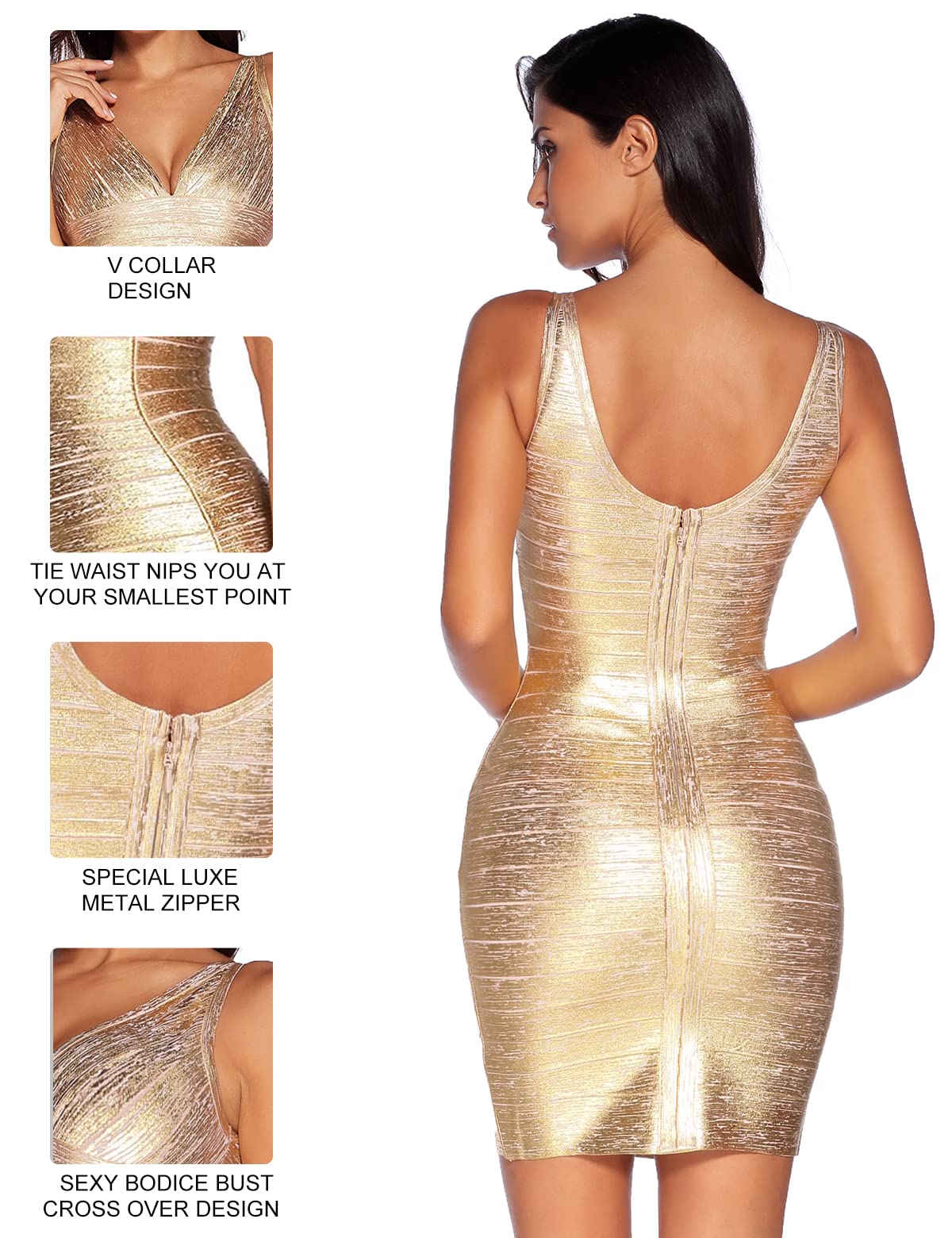 Meilun Sexy V-Neck Bandage Bodycon Cocktail Dress for Wedding Guest, Strap Foil Formal Gown Evening Dress - Perfect for Parties, Date Nights & Special Occasions