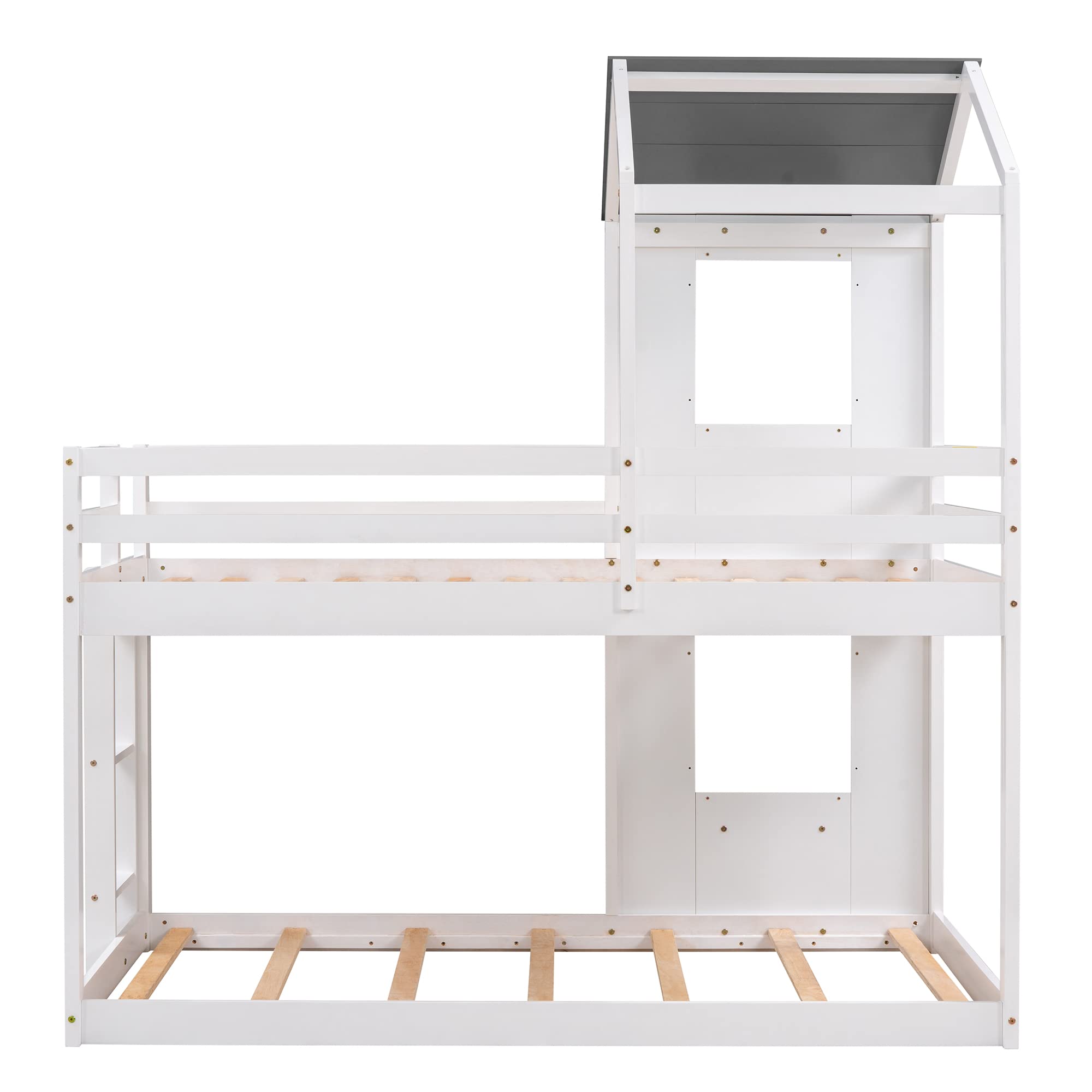 Kids Twin Over Twin Wooden Bunk Bed with Roof, Window & Guardrail - Sturdy Floor Bunk Bed Frame with Ladder, No Box Spring Needed (White & Gray) - Perfect for Small Bedrooms, Shared Kids Rooms & Space-Saving Sleep Solutions