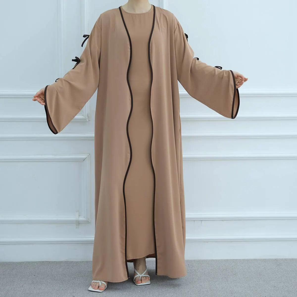 2-Piece Soft Nida Open Abaya Dress Set with Inner Sleeveless Dress - Elegant Muslim Prayer Dress for Women (Beige, #251003) | Perfect for Eid, Ramadan, Mosque & Special Occasions