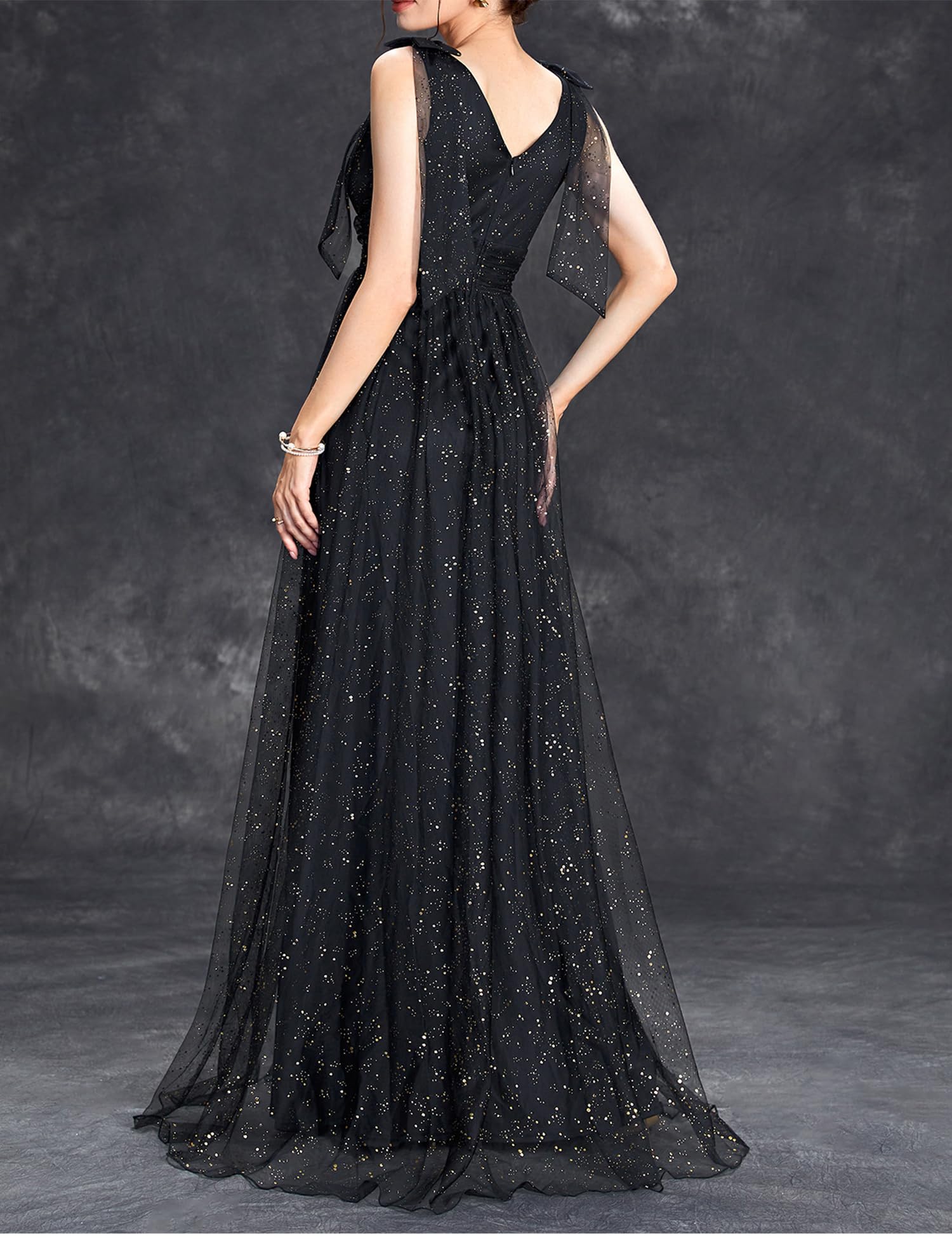 Sparkly Women's Knot-Bow Strap Formal Evening Gown - Elegant V-Neck Long Dress for Wedding Guest, Bridesmaid & Special Occasions | Perfect for Galas, Proms & Cocktail Parties