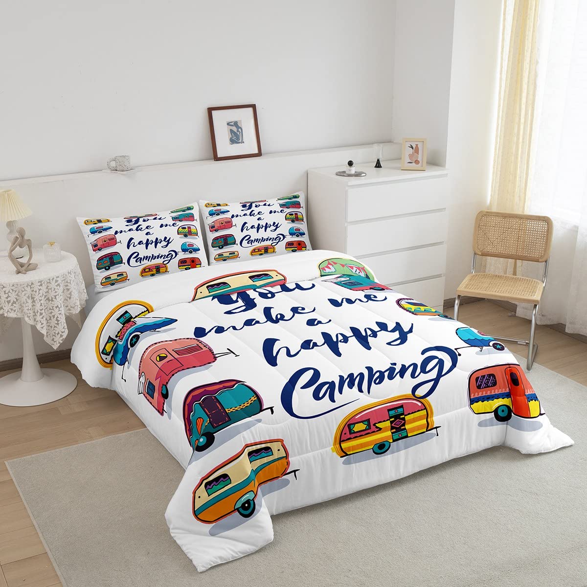 Happy Camping Twin Comforter Set - Retro Travel Themed Quilted Bedding for Kids, RV, Trailers & Caravans | Cozy Down Alternative Comforter with 2 Pillowcases | Perfect for Camping Trips & Road Adventures