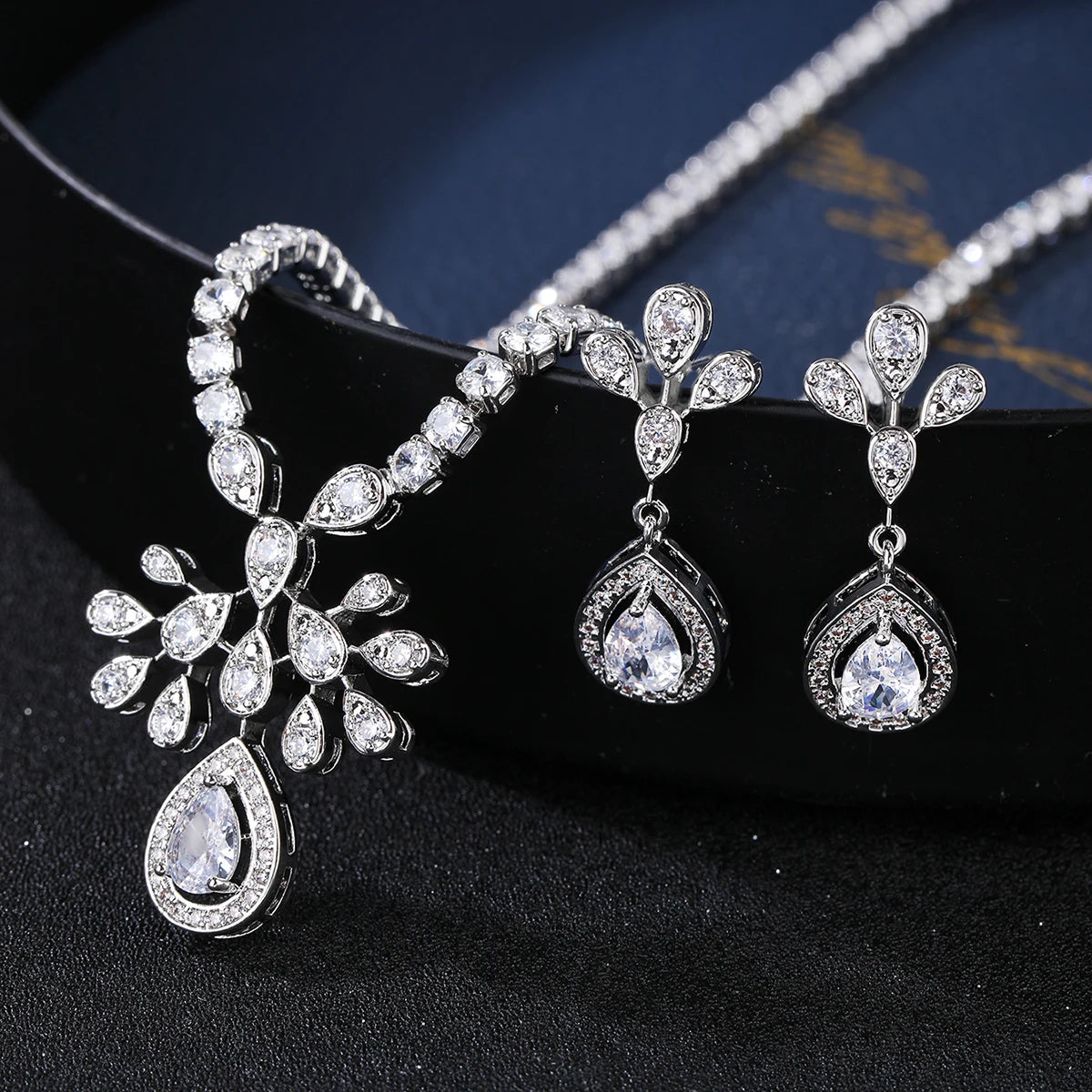 Bridal Jewelry Set - Crystal Cubic Zirconia Flower Necklace & Earrings for Wedding, Anniversary, Prom | Elegant Gift for Bride, Girlfriend, Wife | Perfect for Weddings, Date Nights, Special Occasions