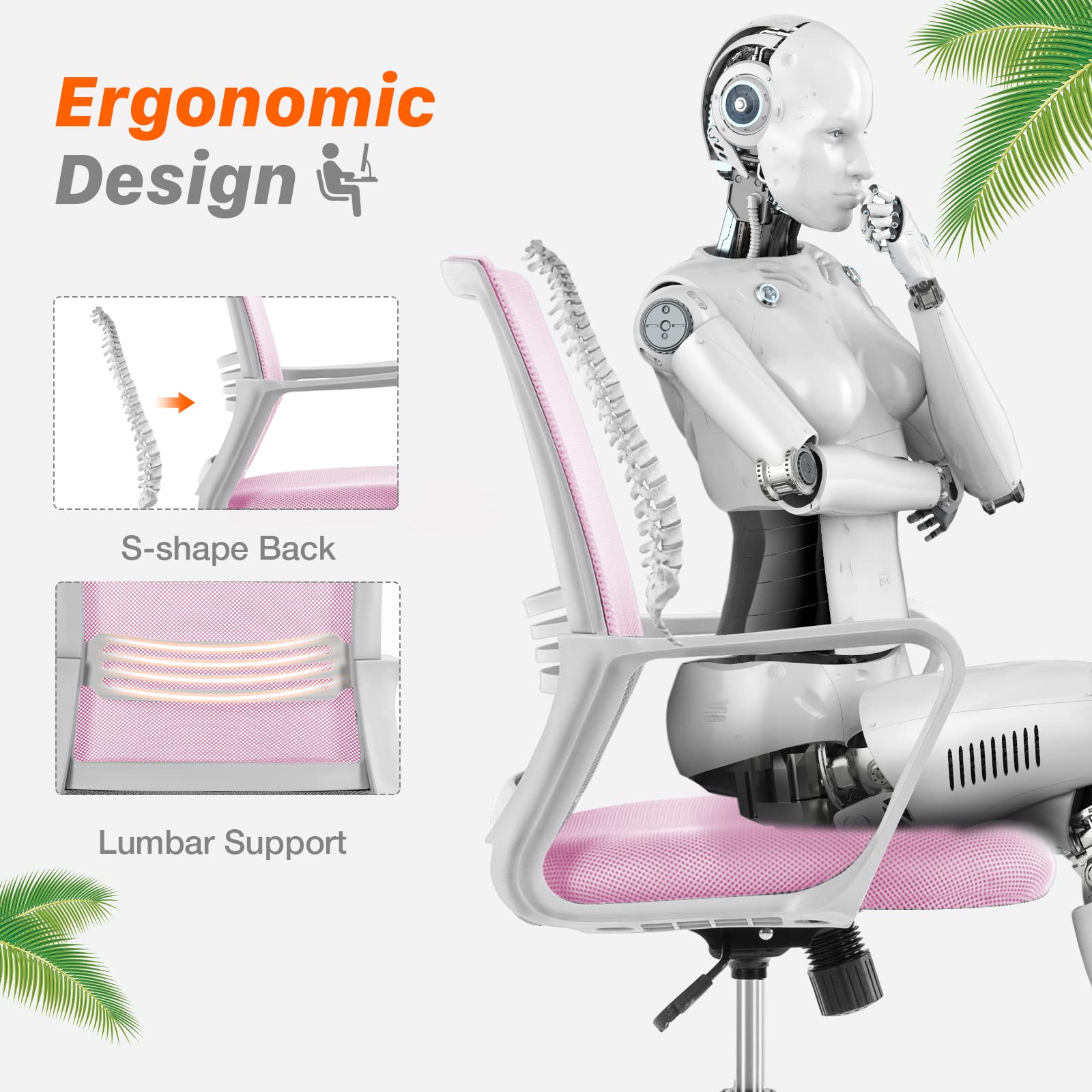 Ergonomic Executive Mid Back Office Chair - Adjustable Height, Lumbar Support, Swivel & Rolling for Home & Business Use - Pink (Perfect for Long Hours of Work & Study)