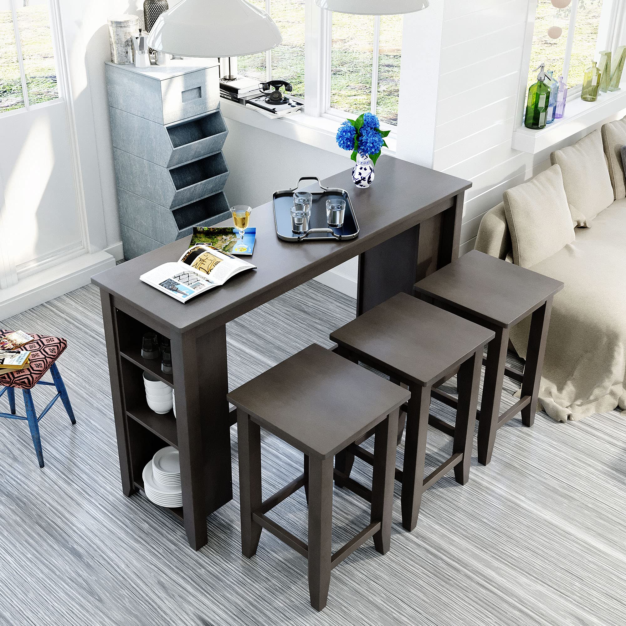 4-Piece Wooden Counter Height Dining Table Set with 3 Stools & Storage Shelves - Rustic Farmhouse Style Kitchen Bar Table for Small Spaces, Breakfast Nooks & Cozy Dining Areas