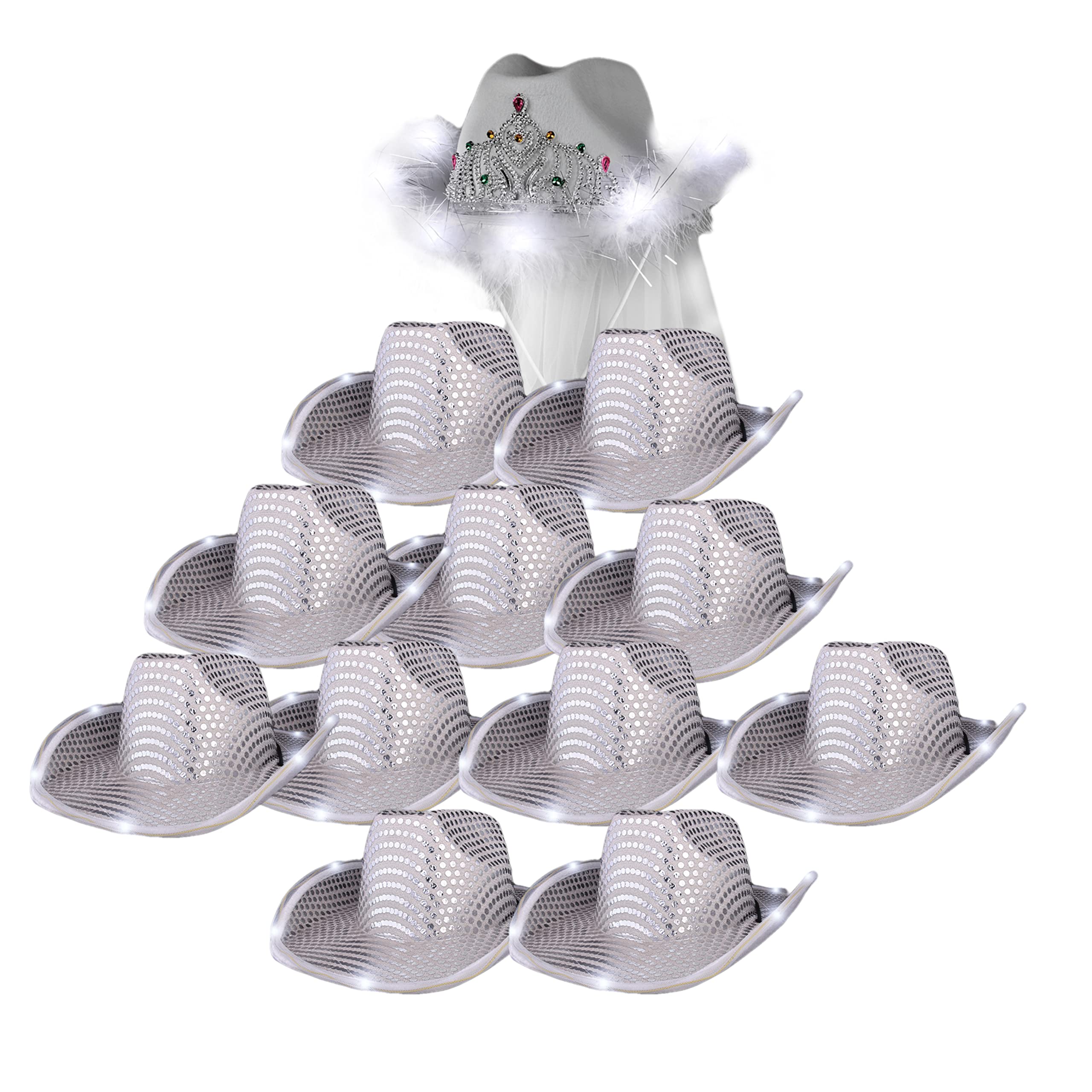 12-Pack Silver Sequin Cowboy Hats & White LED Tiaras with Veil - Bachelorette Party, Bridal Shower, Cowgirl Theme Wedding Accessories