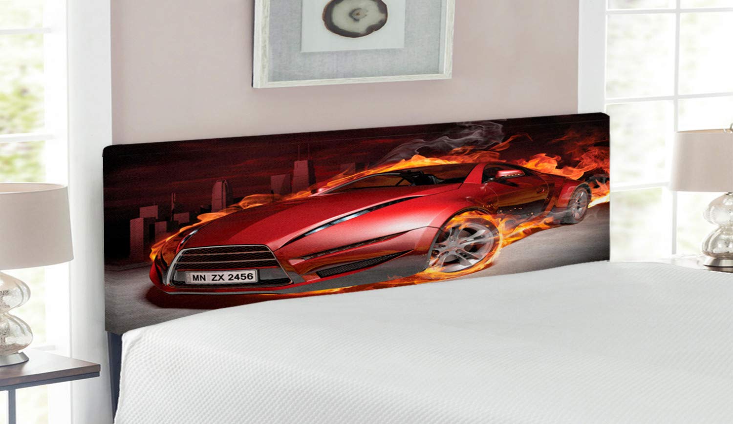 Ambesonne Cars Headboard - Red Sports Car Burnout Tires with Blazing Engine Smoke Design, Upholstered Decorative Metal Bed Headboard with Memory Foam, Queen Size in Orange Black Red - Perfect for Car Enthusiasts' Bedroom Decor & Racing Themed Rooms