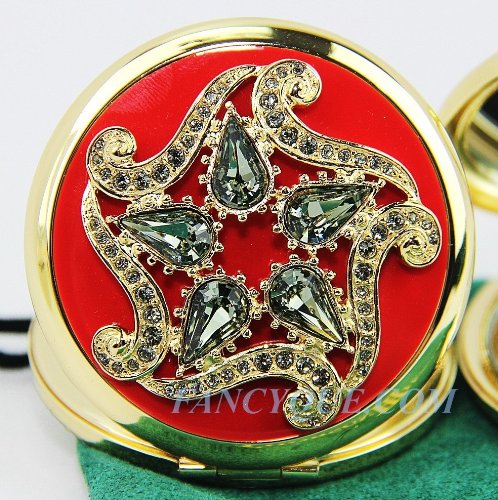 Compact Round Purse Mirror with Swarovski Crystals - Red, Made in USA | Perfect for Travel, Makeup Touch-Ups & Gifts
