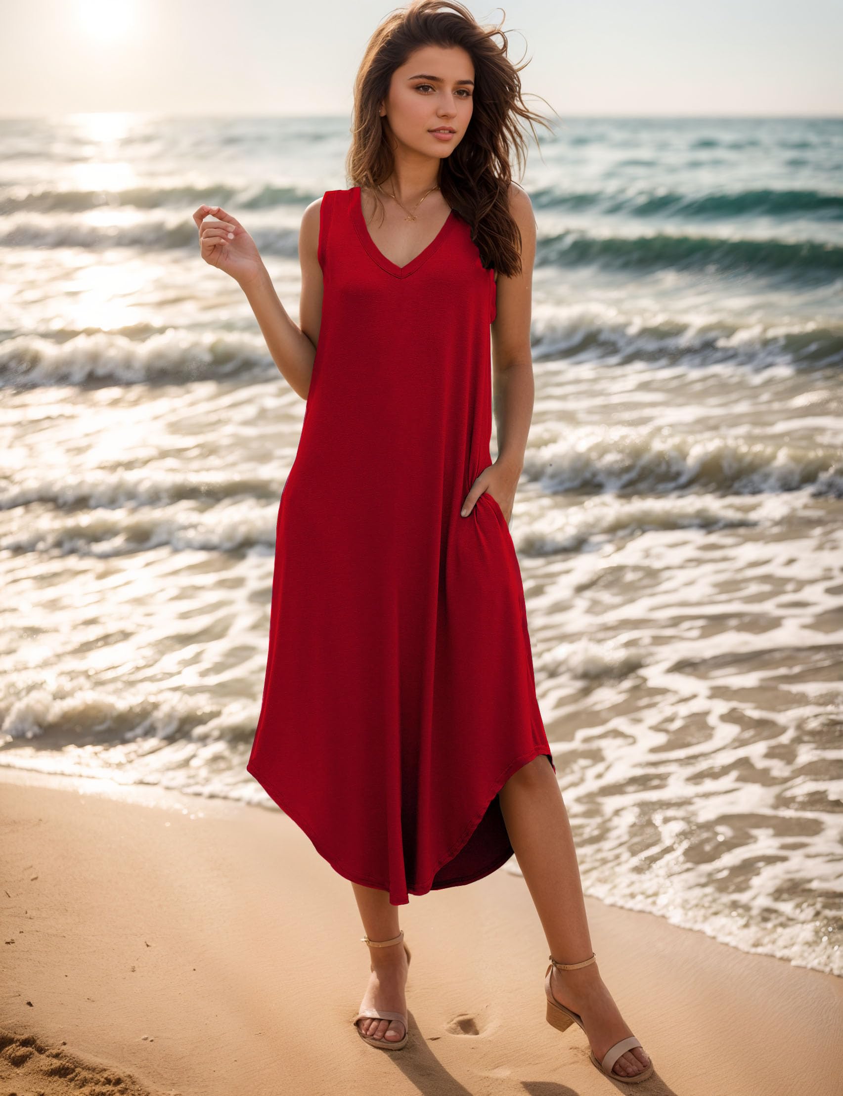 Women's Summer Maxi Dress - Casual Sleeveless V-Neck Loose Sundress with Pockets | Beach Cover Up, Vacation Outfit, Boho Chic Fashion