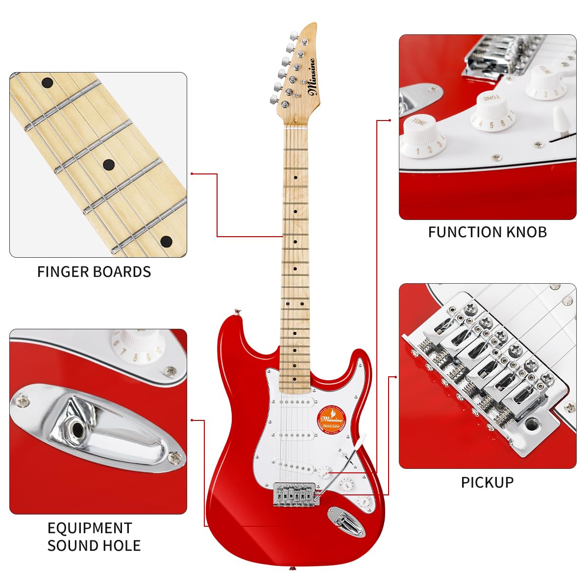 39 Inch Full Size Electric Guitar Kit with Solid Body, S-S-S Pickups & 6 Strings - Includes Gig Bag, Strap, Tremolo Arm, Cable & Picks - Perfect for Beginners & Practice (Red) - Ideal for Home Studio, Live Performances & Music Lessons
