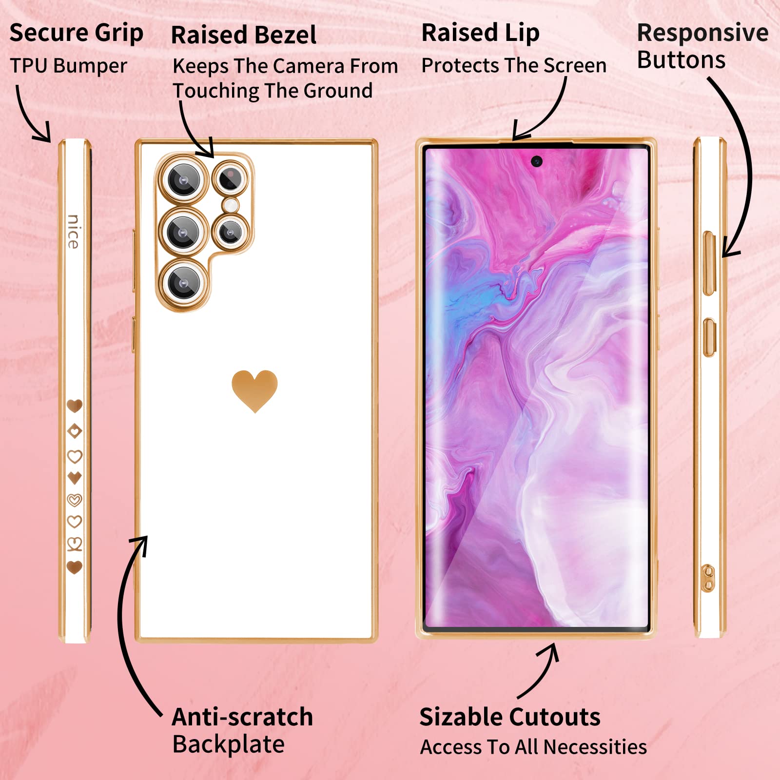 3-in-1 Heart Pattern Phone Case for Samsung Galaxy S22 Ultra - Cute Aesthetic Love Design with Chain (Black/Gold/White) | Trendy Protective Cover for Women & Girls | Perfect Gift for Valentine's Day, Birthday & Everyday Use