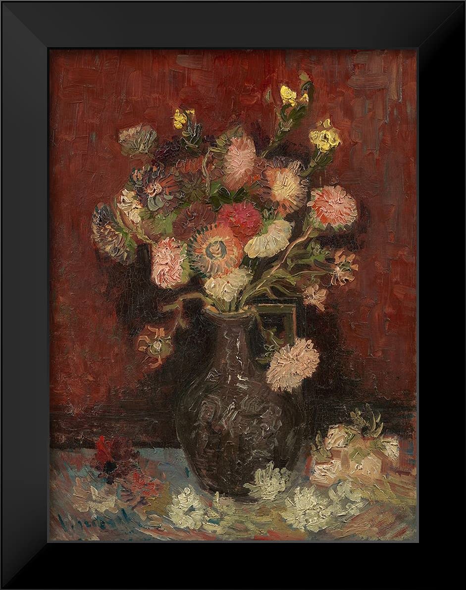 Van Gogh 'Vase with Chinese Asters and Gladioli' 19x24 Inch Black Modern Framed Art Print - Perfect for Living Room, Bedroom & Office Wall Decor