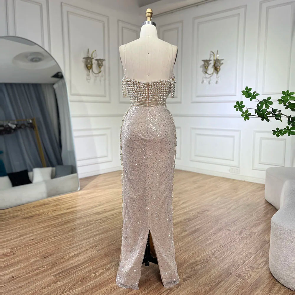 Elegant Beaded Pearl Mermaid Evening Dress for Women | Luxury Dubai Wedding Party Gown with Spaghetti Straps | Perfect for Bridal Showers, Galas & Formal Events - LA72393