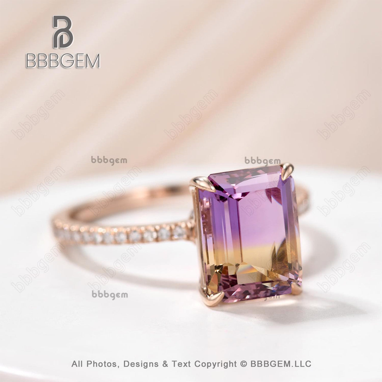 14K Rose Gold Emerald Cut Ametrine Solitaire Ring - Dainty Prong Set Amethyst Jewelry for Women, Valentine's Day Gift, Everyday Wear & Special Occasions