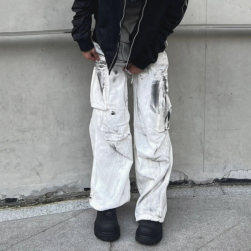 American Style Men's Denim Pants - Casual Splash Ink Tie-Dye Jeans with Big Pockets & Contrast Color | Trendy Streetwear for Everyday Wear & Fashion Outfits