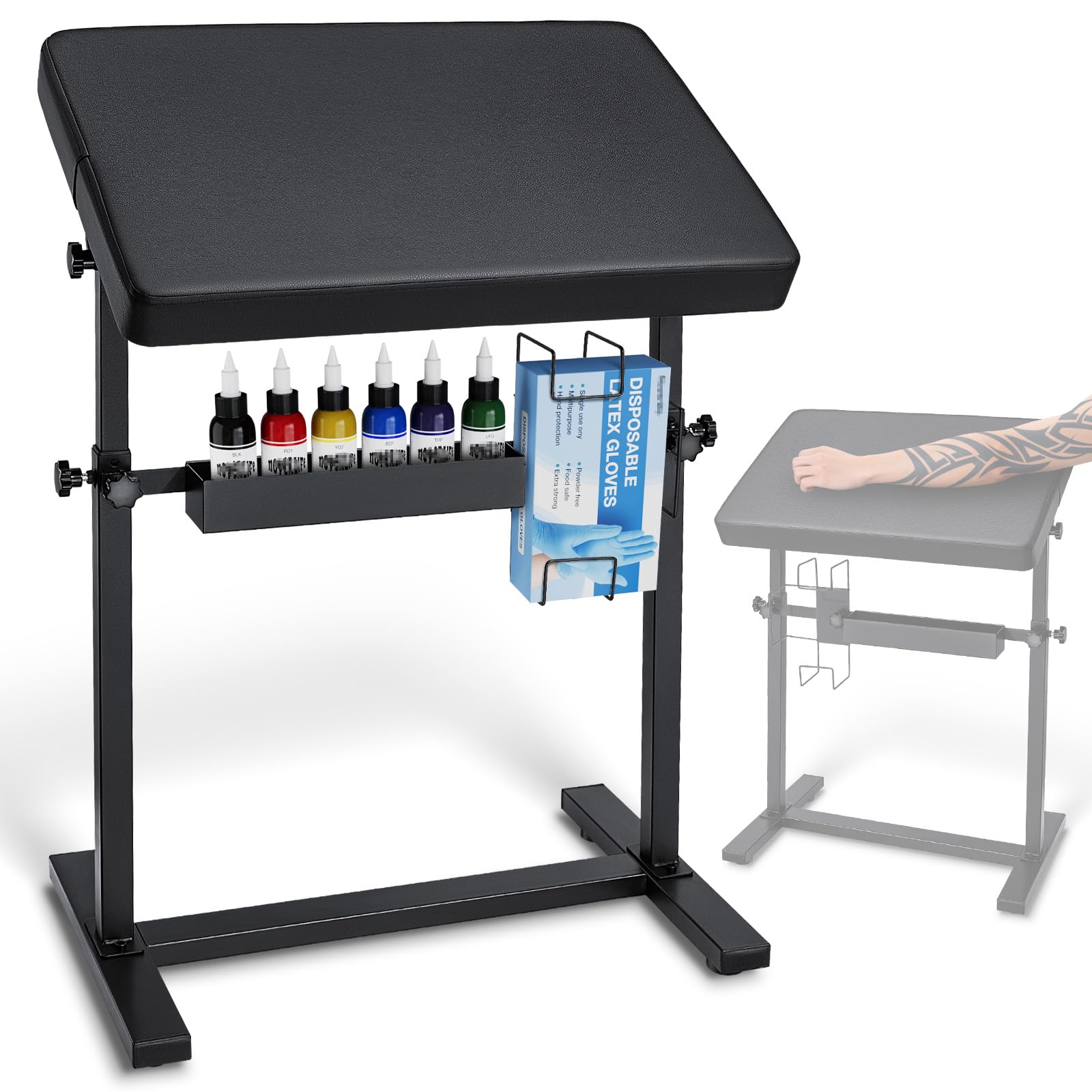 Professional Adjustable Tattoo Armrest Stand with Black PU Leather Pad - 70° Rotation, Height Adjustable, Sturdy 4-Corner Base - Perfect for Tattoo Artists, Studios & Home Tattoo Practice