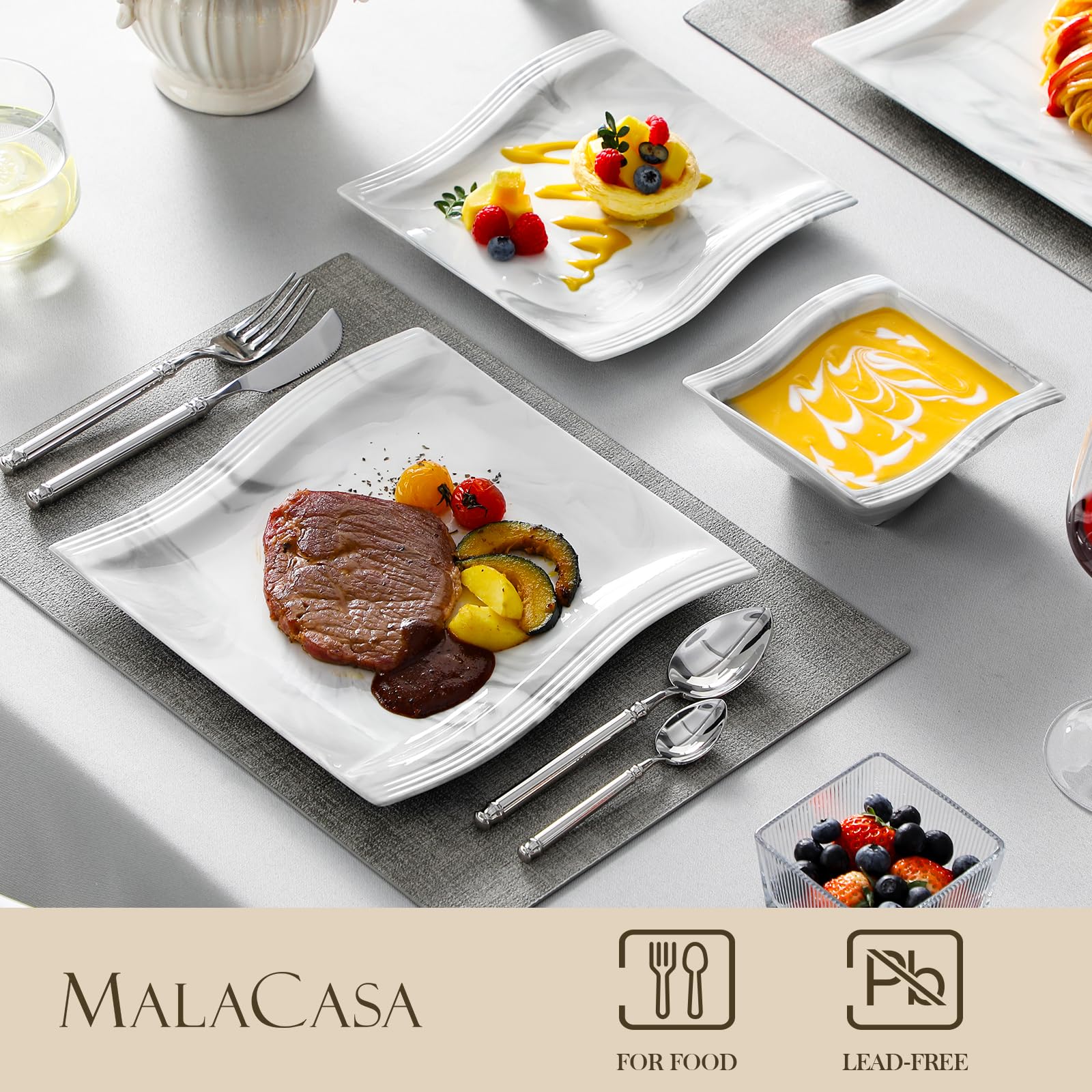 MALACASA 26-Piece Porcelain Dinnerware Set for 6 People - Square Plates, Bowls & Serving Dishes - Elegant Marble-Look Tableware (Flora Series) - Perfect for Family Dinners, Dinner Parties & Holiday Entertaining