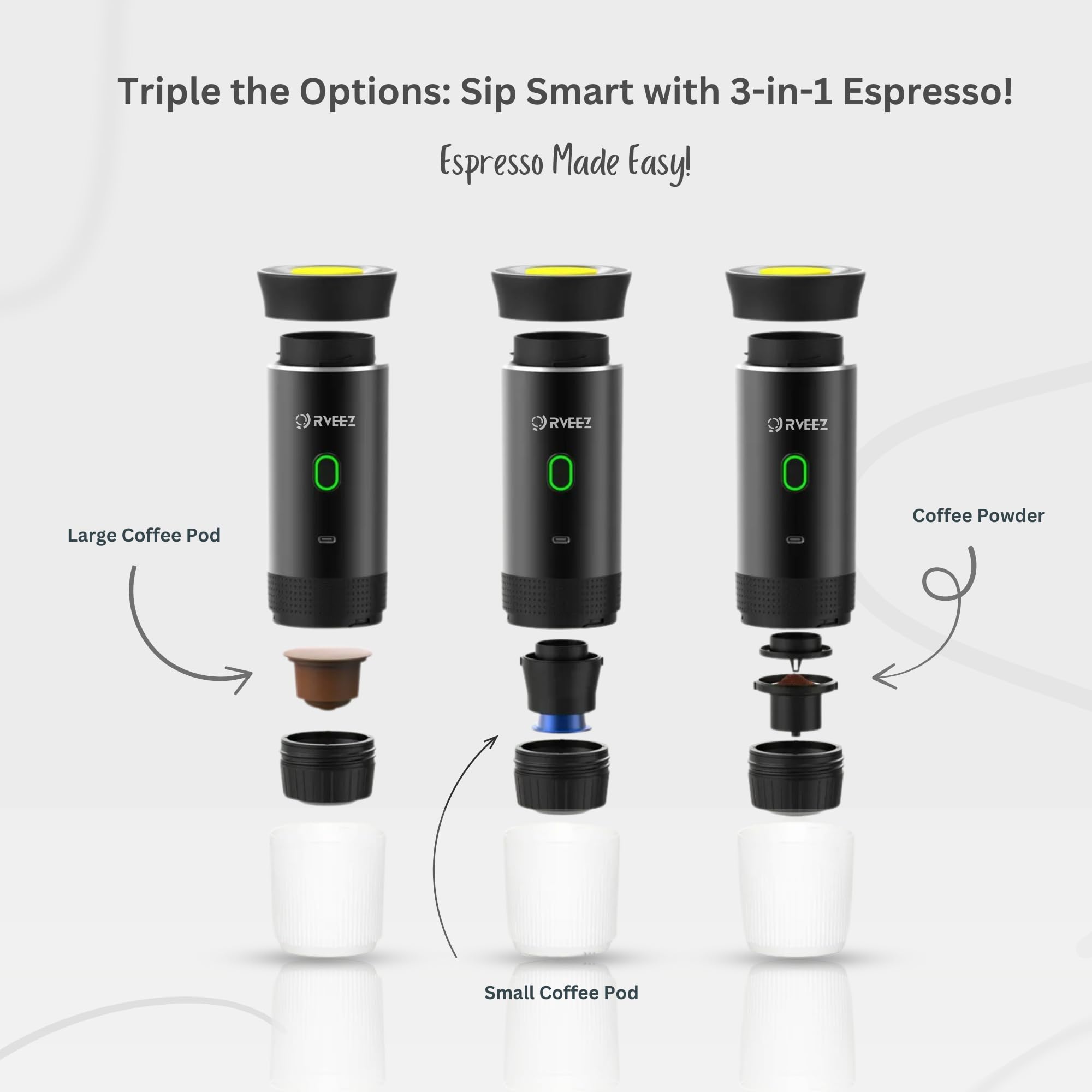 Portable Espresso Maker - 3-in-1 Coffee Machine for Ground Coffee & Nespresso Capsules, USB-C Self-Heating, Compact Travel Coffee Maker for Camping, Hiking, RV & Office Use (Black)