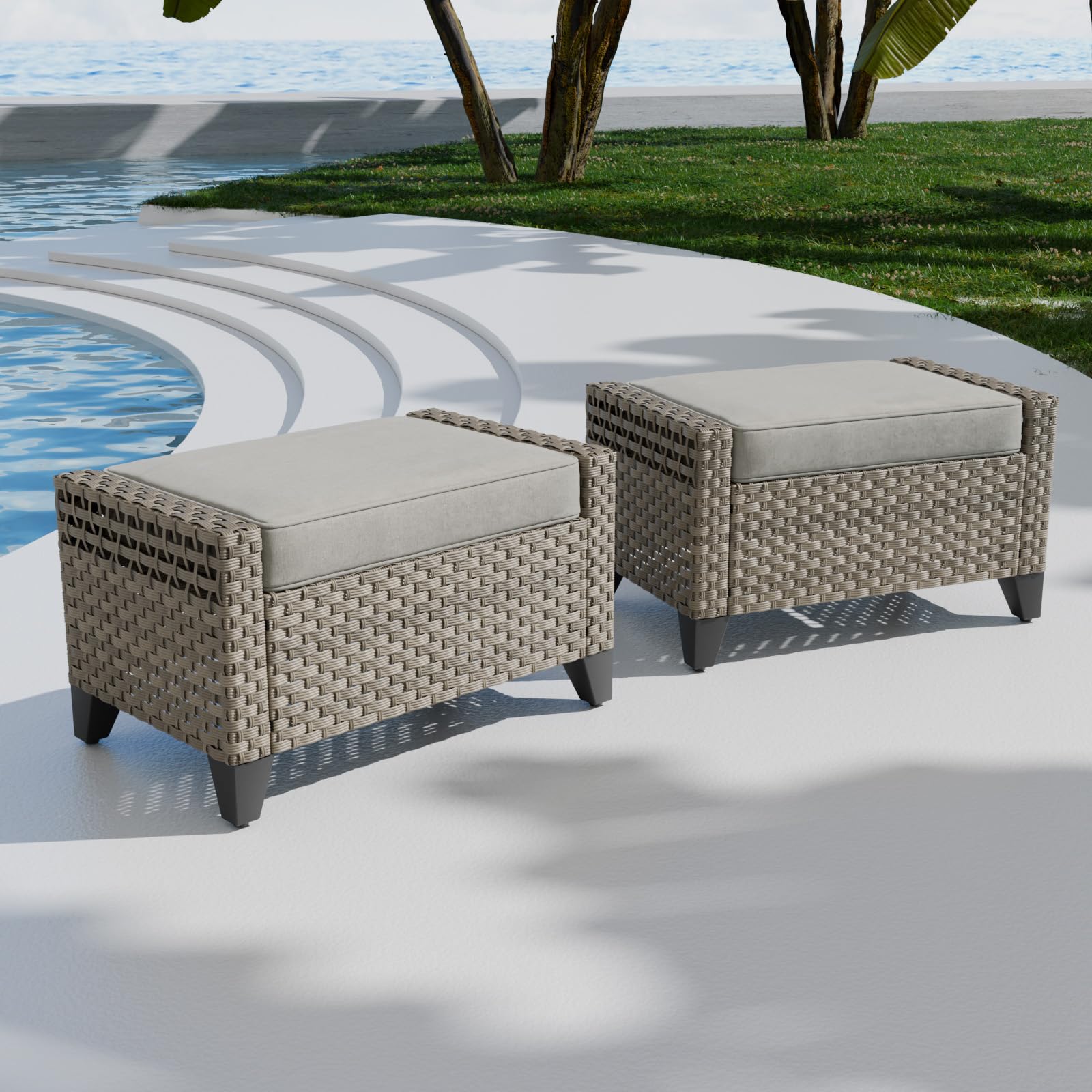 COOS BAY Modern 2-Piece Wicker Outdoor Ottoman Set with Removable Cushions - Brown/Gray Patio Footrest for Couch, Deck, Backyard, Porch & Poolside - Perfect for Relaxing Outdoors