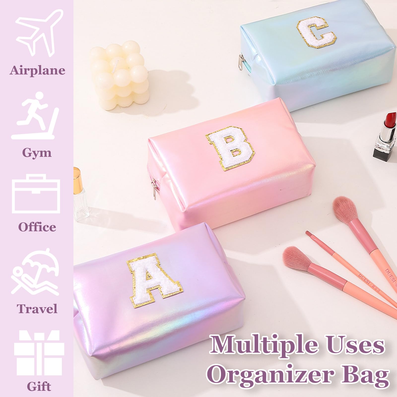 Personalized Initial Makeup Bag - Monogram Cosmetic Pouch for Women, Waterproof Glitter Travel Makeup Case (Letter A) | Perfect for Mother's Day, Birthday Gifts & Everyday Use