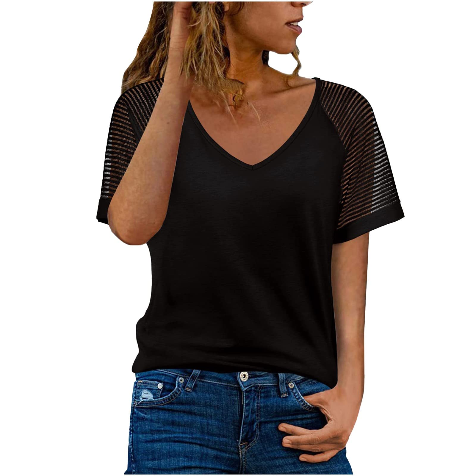 Plus Size Floral Print V-Neck Women's T-Shirt - Short Sleeve Loose Fit Mesh Blouse for Office & Casual Wear | Comfortable Summer Top for Work & Outings