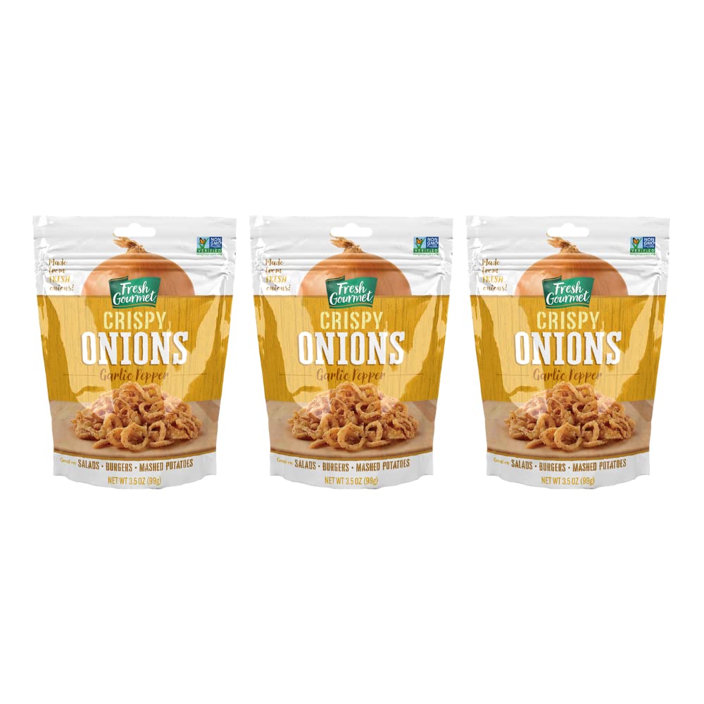 Fresh Gourmet Garlic Pepper Crispy Onions - Low Carb Crunchy Snack & Salad Topper - Gluten Free, Keto Friendly - 3.5oz (Pack of 3) - Perfect for Salads, Soups, Burgers & Healthy Snacking