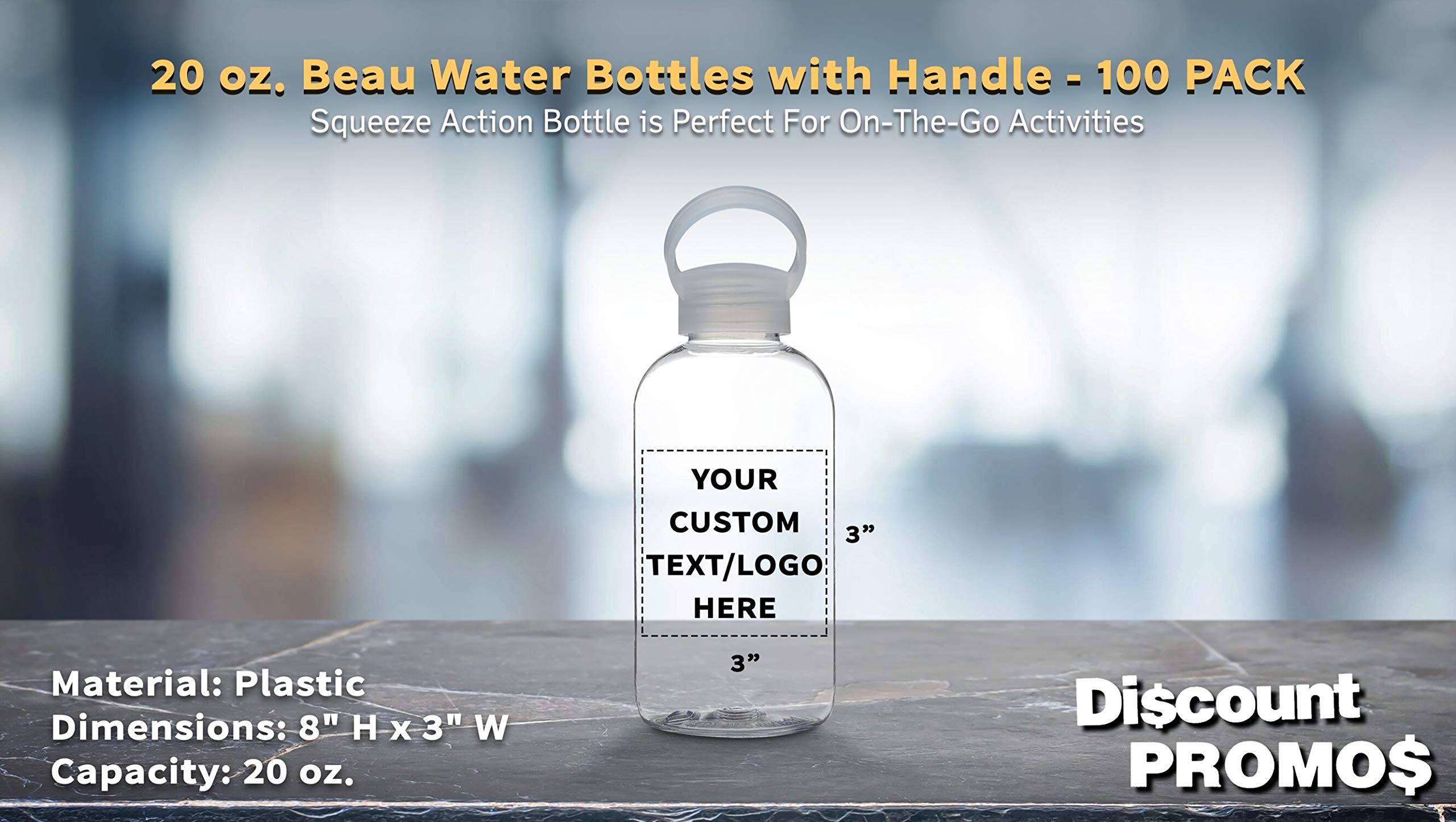 100 Pack 20 oz Customizable Plastic Water Bottles with Handle - Flexi-Grip Clear Drinkware for Schools, Events & Promotions - Bulk Discount Available