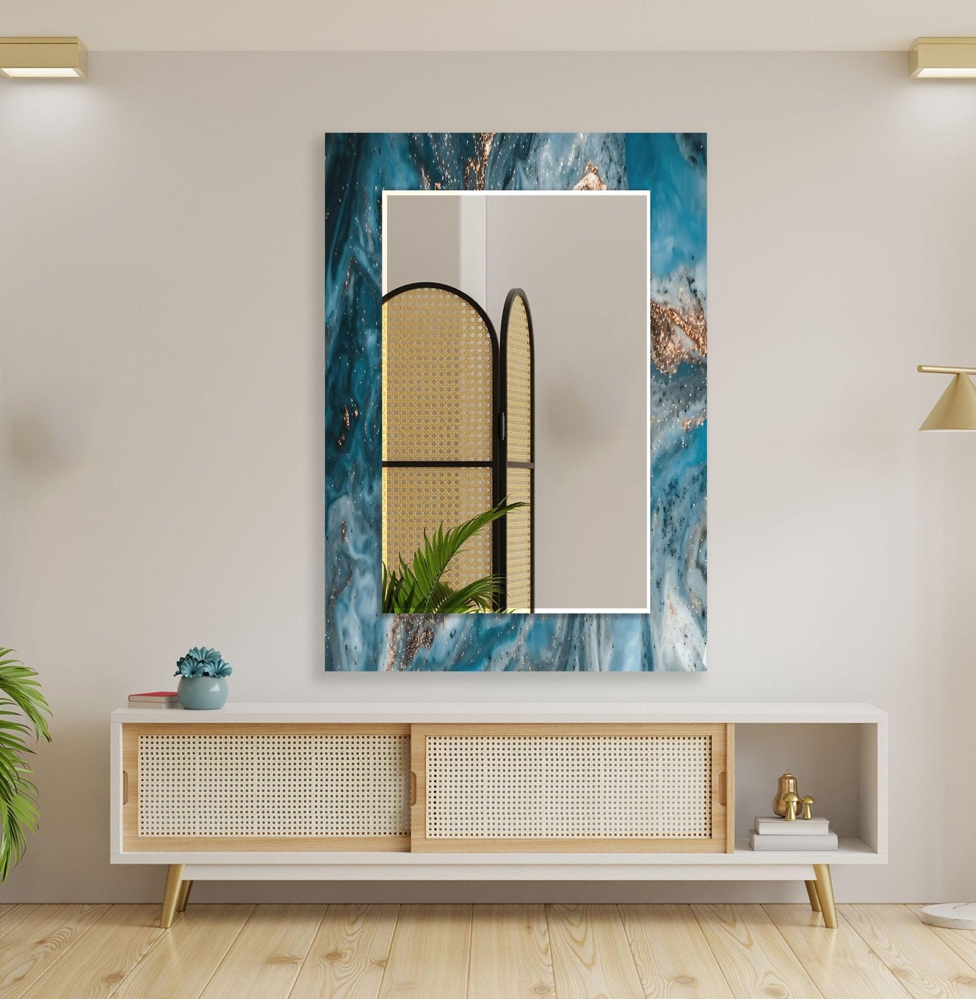 Abstract Blue and Gold Wall Mirror with Intricate Details - Elegant Home Decor for Living Room, Bedroom, or Entryway