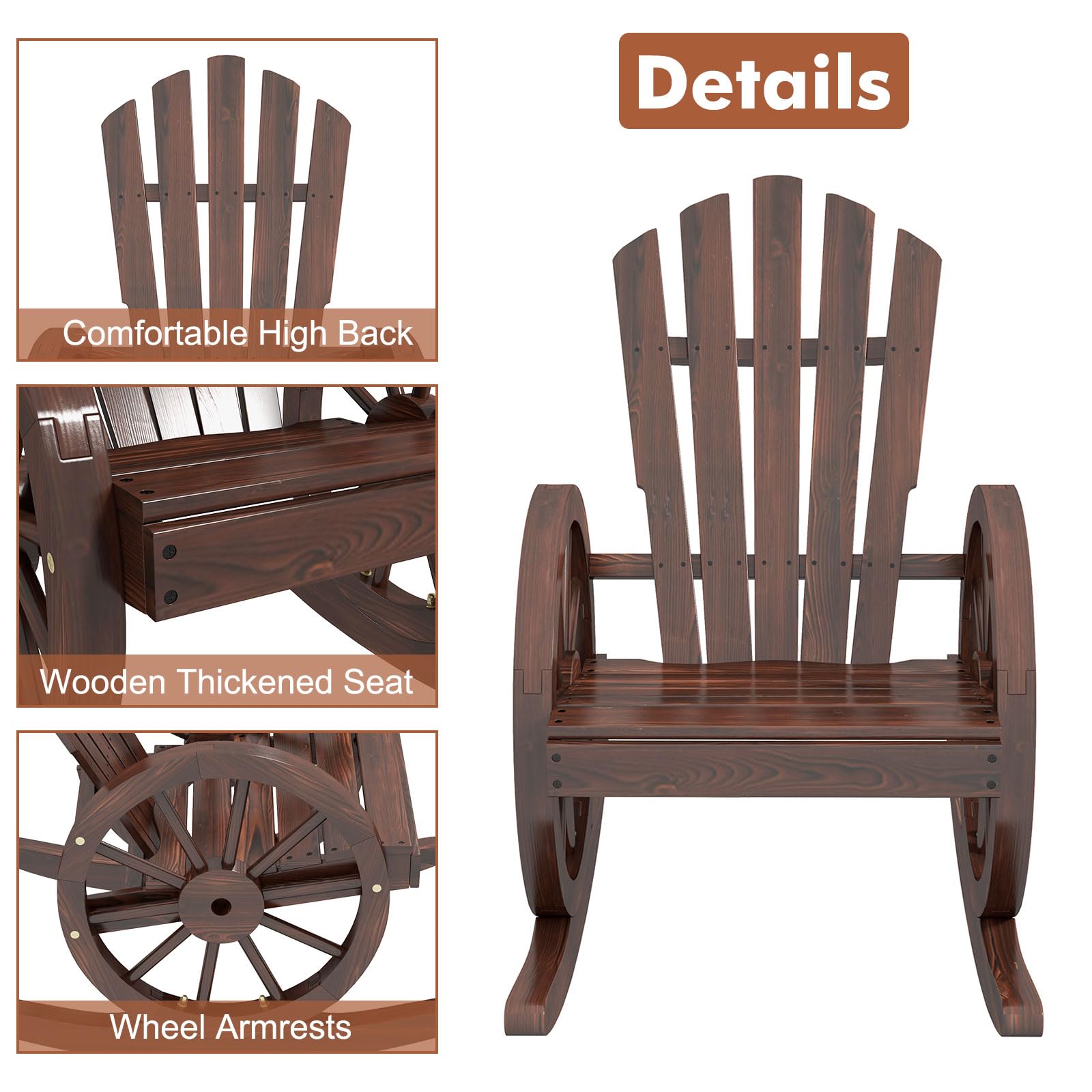 KINTESS Wooden Wagon Rocking Chair - Outdoor Patio Rocker with Armrests for Garden, Porch & Backyard Relaxation (1 Set) - Perfect for Reading, Sunbathing & Enjoying Nature