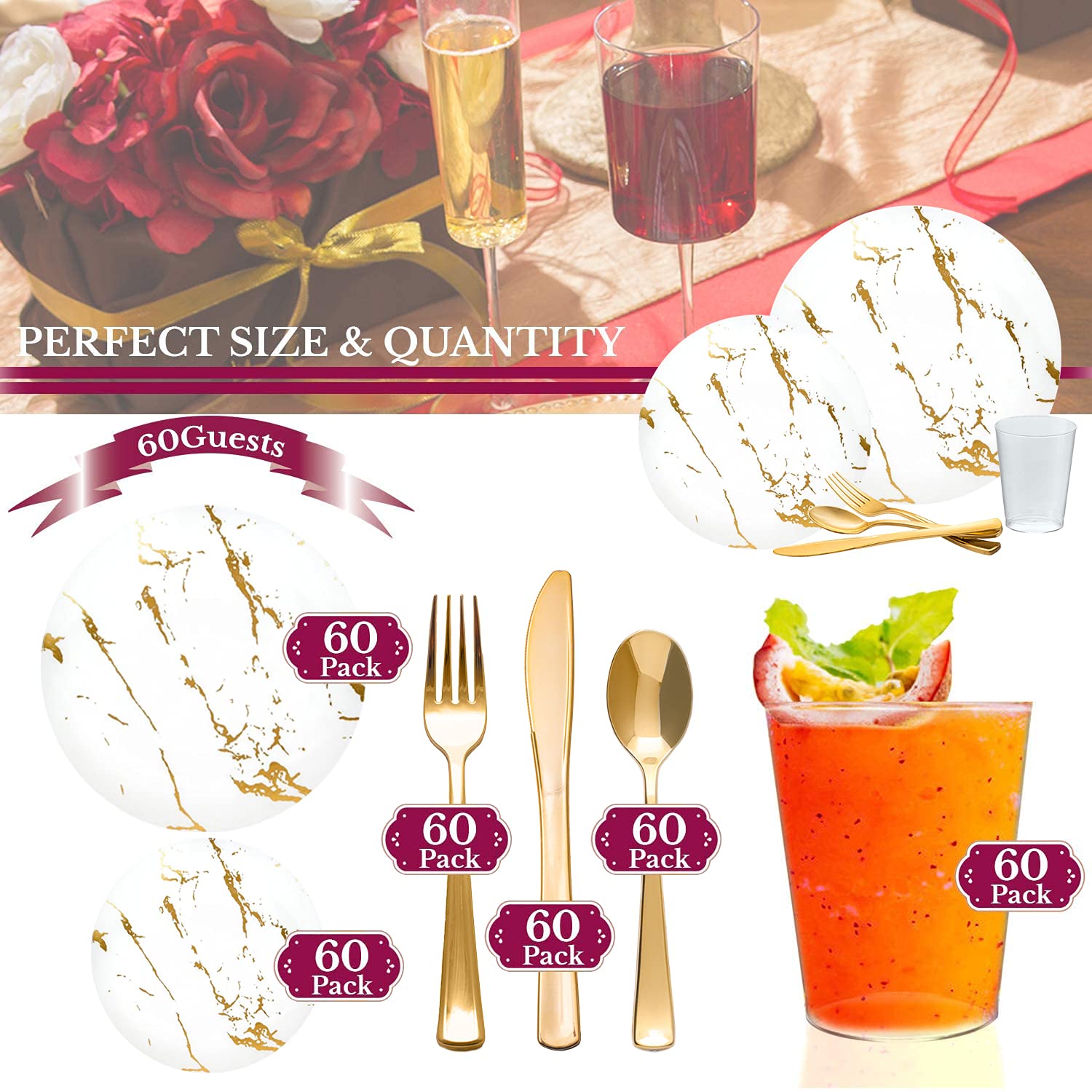 Elegant Disposable Marble Plastic Plates - 60-Piece White & Gold Wedding Dinnerware Set for Parties, Events & Special Occasions - Perfect for Weddings, Bridal Showers, Anniversaries & Formal Dinners