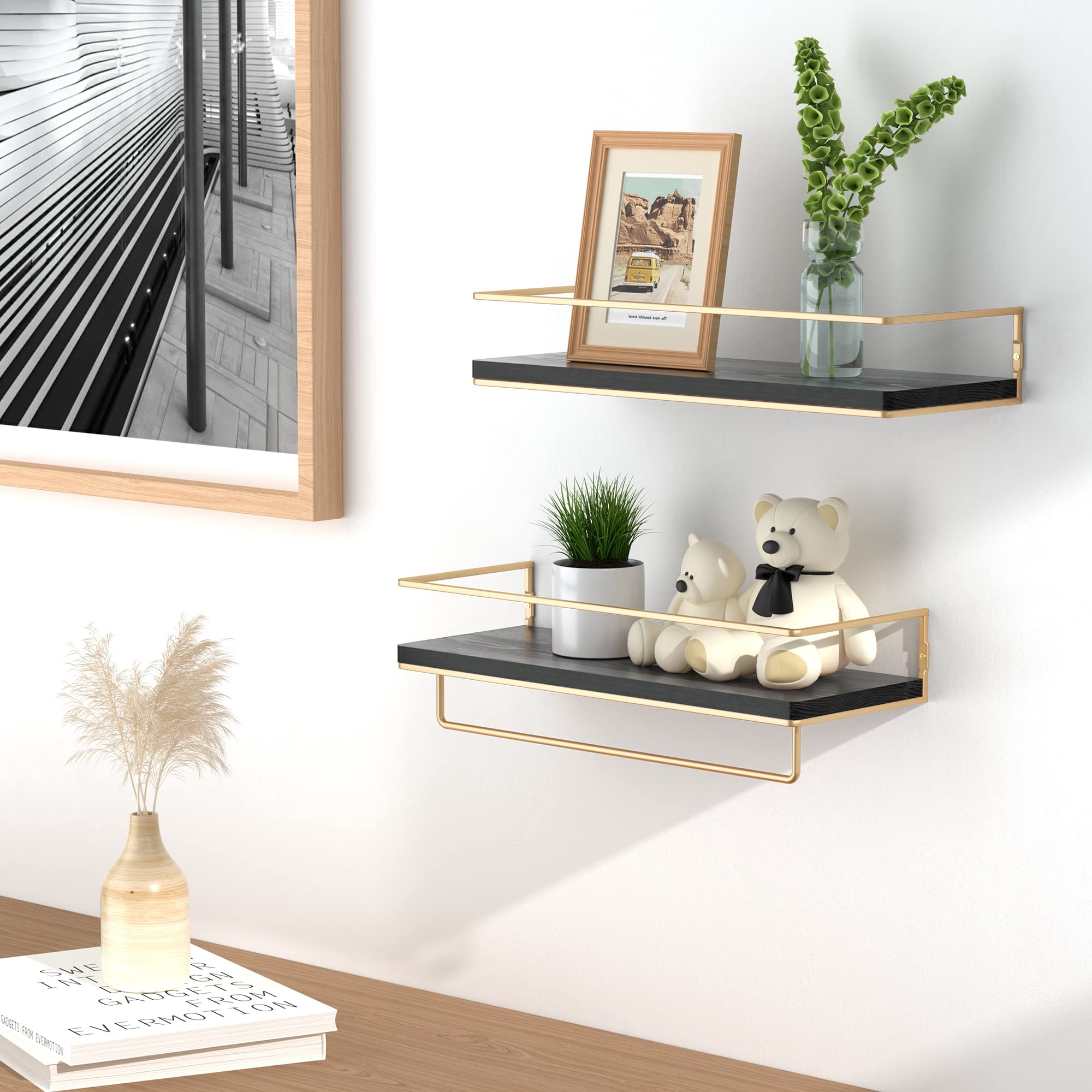 Black Floating Shelves with Gold Towel Rack - Wall Mounted Storage Shelves Set of 2 for Bathroom, Kitchen & Bedroom - Space Saving Home Organization for Towels, Decor & Essentials