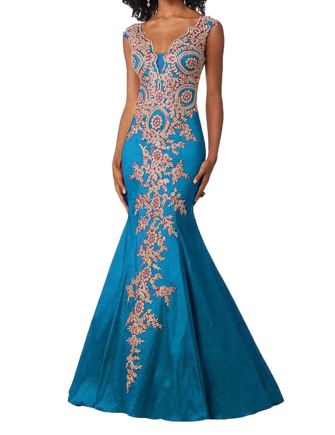 Emanni Women's Gold Lace Mermaid Evening Dress - Elegant Long Prom Gown with Applique Details for Formal Events, Weddings & Galas