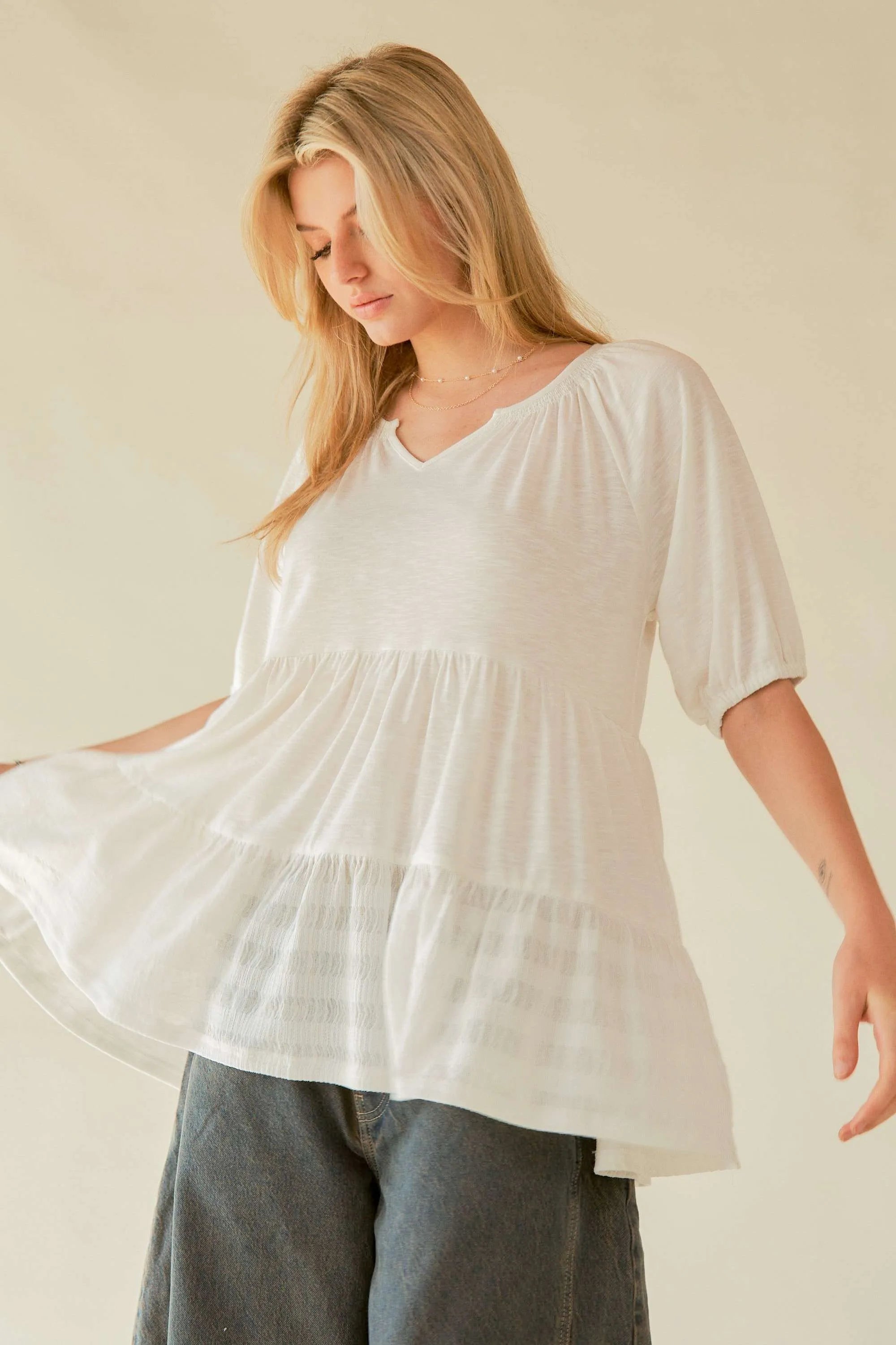 Boho White Ruffled Flare V-Neck Blouse for Women - Beachy Summer Top for Vacation, Date Night & Casual Outings