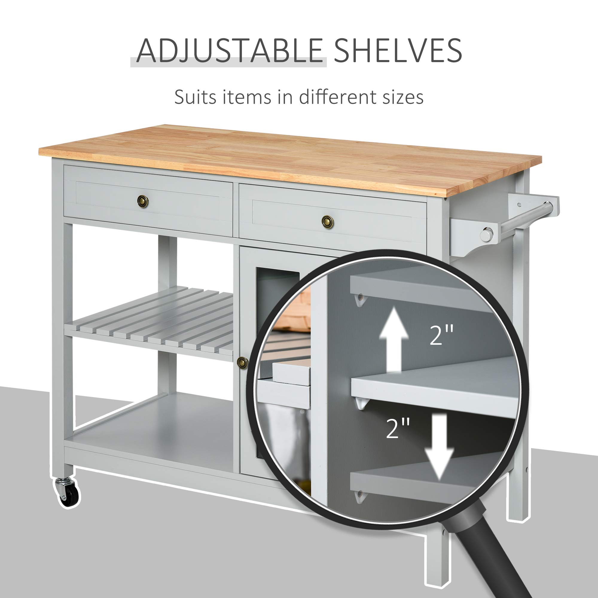 HOMCOM Rolling Kitchen Island with Storage - Solid Wood Top, Glass Door Cabinet, Adjustable Shelf & 2 Drawers - Mobile Kitchen Cart with Towel Rack for Dining Room & Small Spaces - Perfect for Meal Prep, Extra Counter Space & Organized Storage (Gray)
