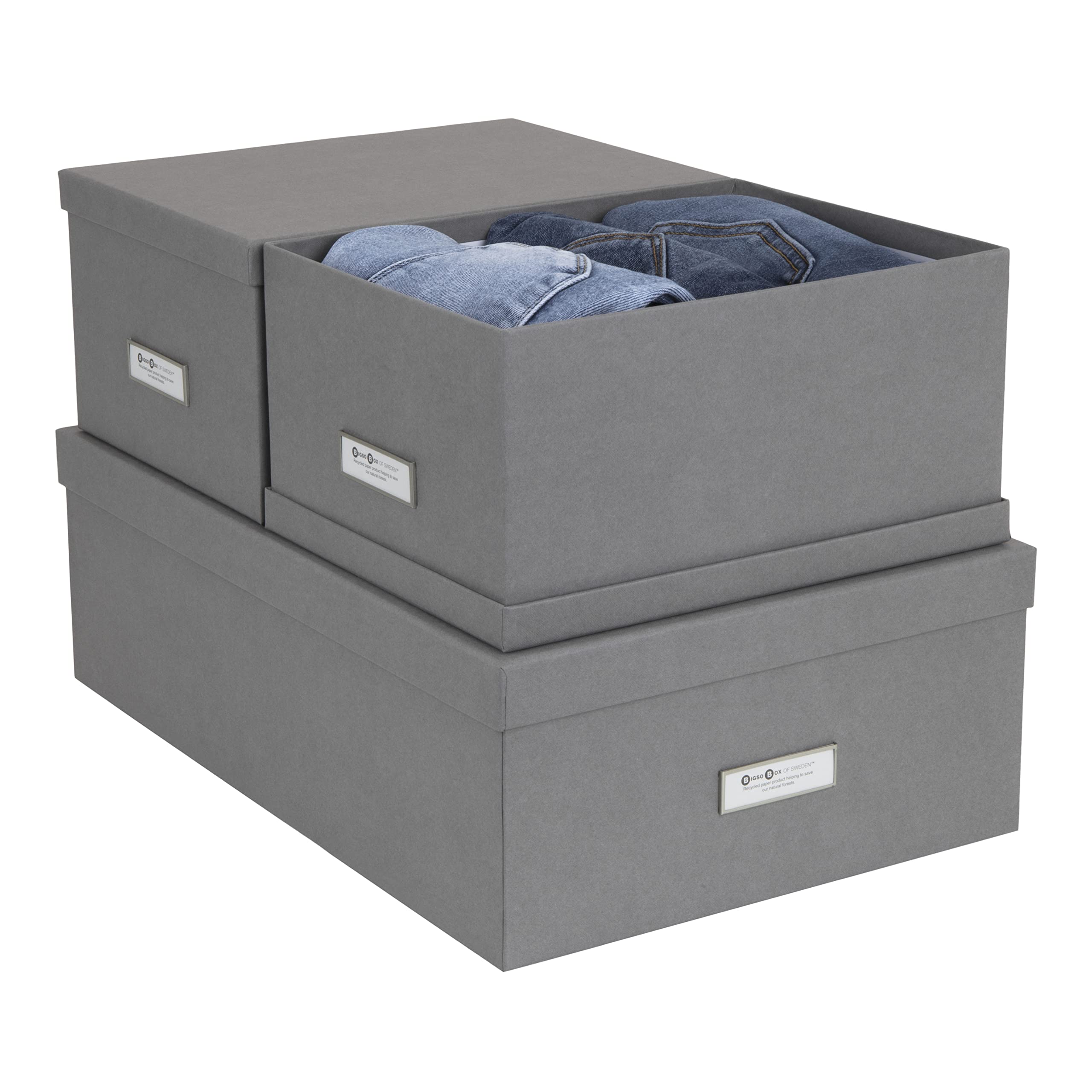 Bigso Box of Sweden - Set of 3 Storage Boxes with Lids - Organizer Box for Clothes, Office Supplies & Home Organization - Wardrobe Storage Boxes with Labels for Bedding, Seasonal Clothing & Toys - Grey - Perfect for Closet, Nursery & Garage Storage