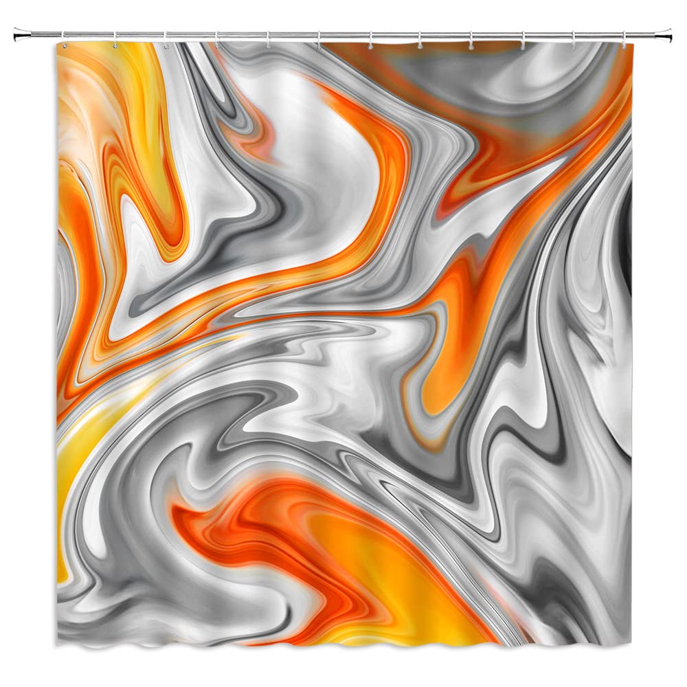 Abstract Modern Aesthetic Orange Gray Shower Curtain Set with Hooks - 70x70 Inches Waterproof Fabric Bathroom Decor for Contemporary Home | Perfect for Spa-Like Showers and Guest Bathroom Makeovers