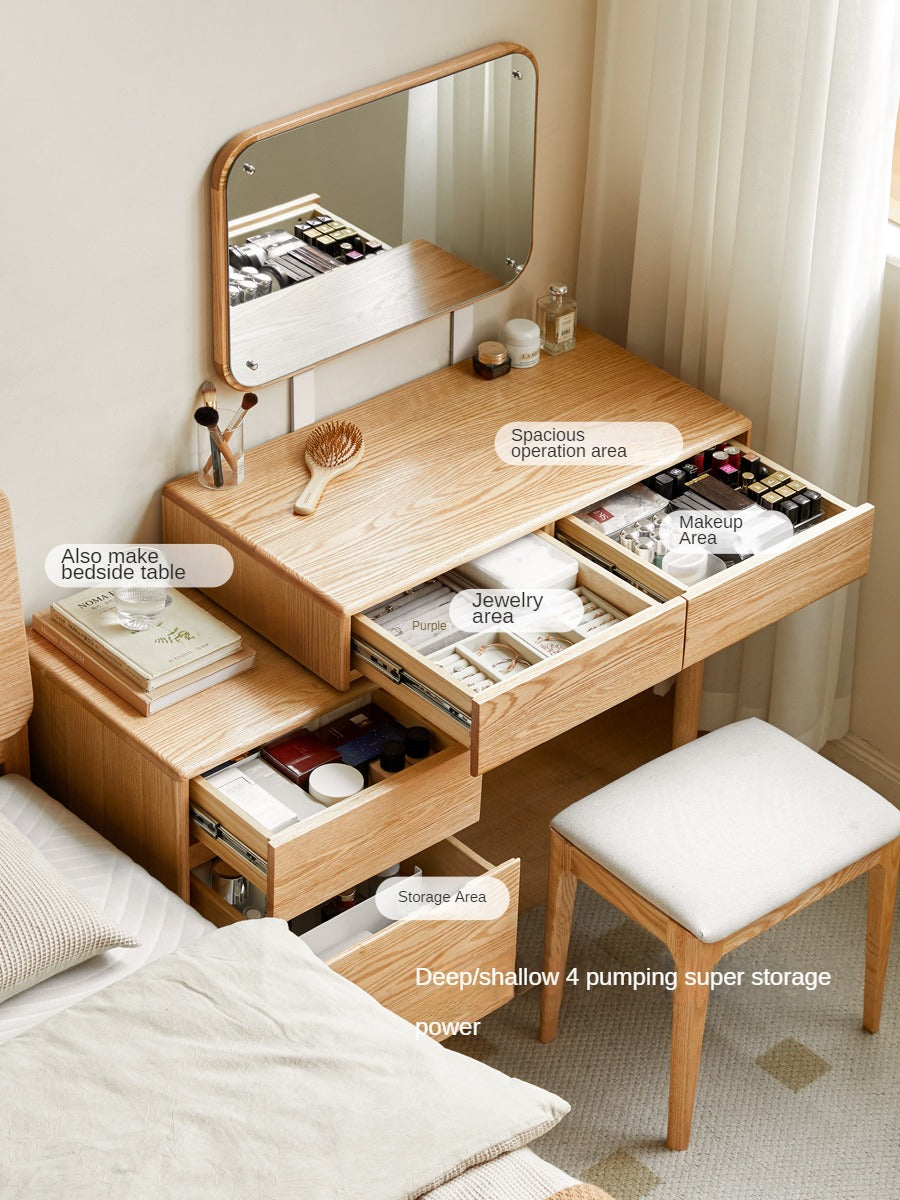 Modern Oak Solid Wood Retractable Dressing Table - Space-Saving Vanity for Bedroom, Bathroom & Small Apartments