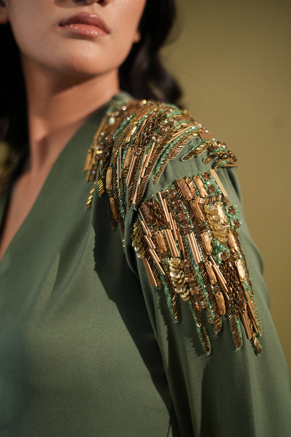 Elegant Dark Jade Green Slit Dress with Metallic Gold Embellishments - Perfect for Evening Parties, Cocktail Events & Special Occasions