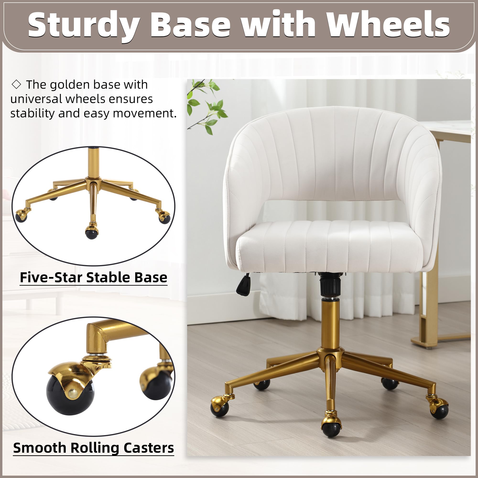 ABET Velvet Swivel Office Chair with Wheels & Adjustable Back - Modern Upholstered Desk Chair with Gold Base for Home, Living Room, Bedroom & Vanity - Cream White | Ergonomic Comfort for Work & Relaxation