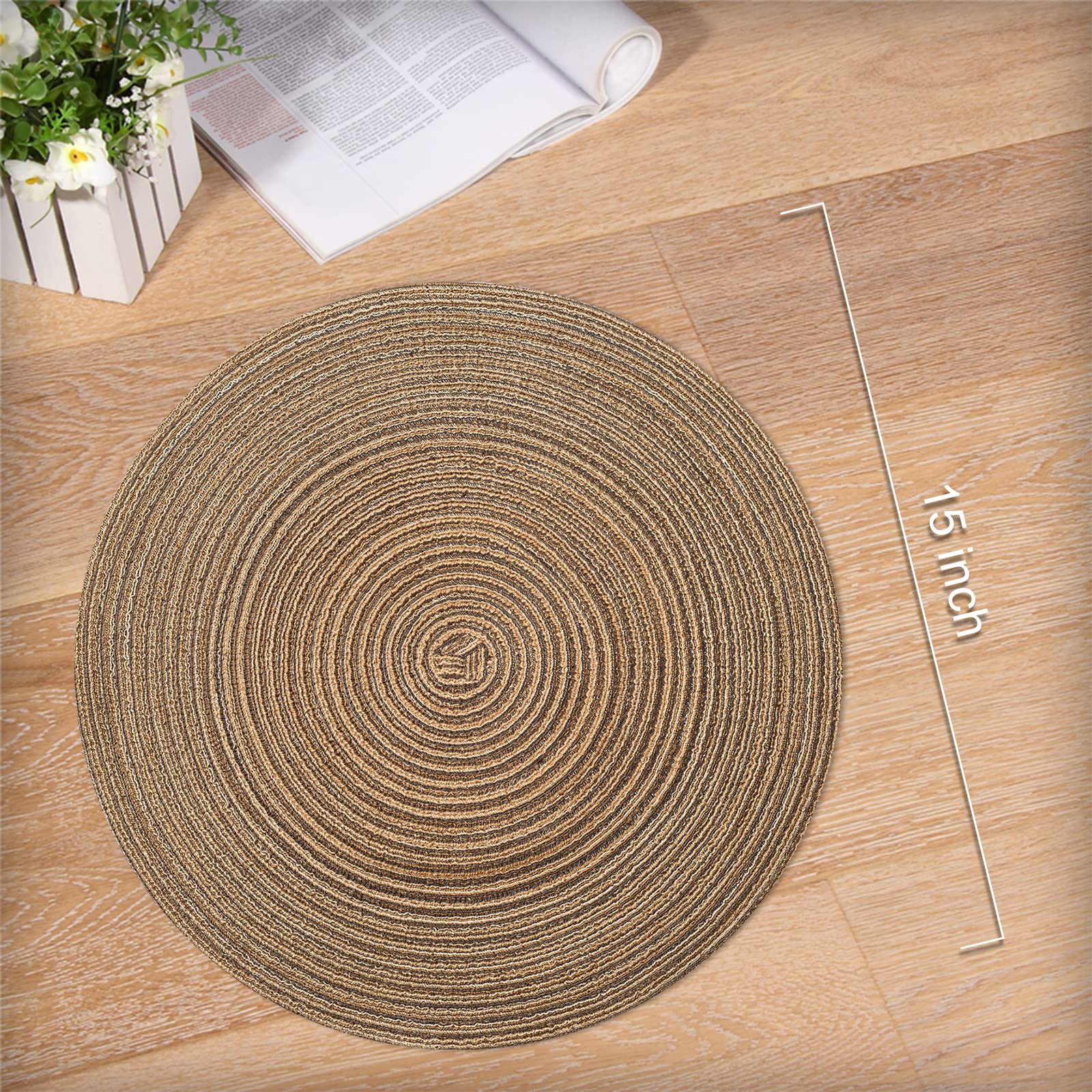 Natural Woven Round Braided Placemats Set of 6 - 15 Inch Heat Resistant Table Mats for Dining, Kitchen & Outdoor Use - Eco-Friendly Brown Home Decor