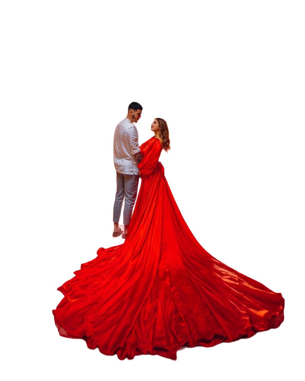 Elegant Off Shoulder Long Flying Dress for Photoshoot - Satin Flowy Dress with Train | Perfect for Santorini Photoshoots, Beach Weddings & Boho Styled Events