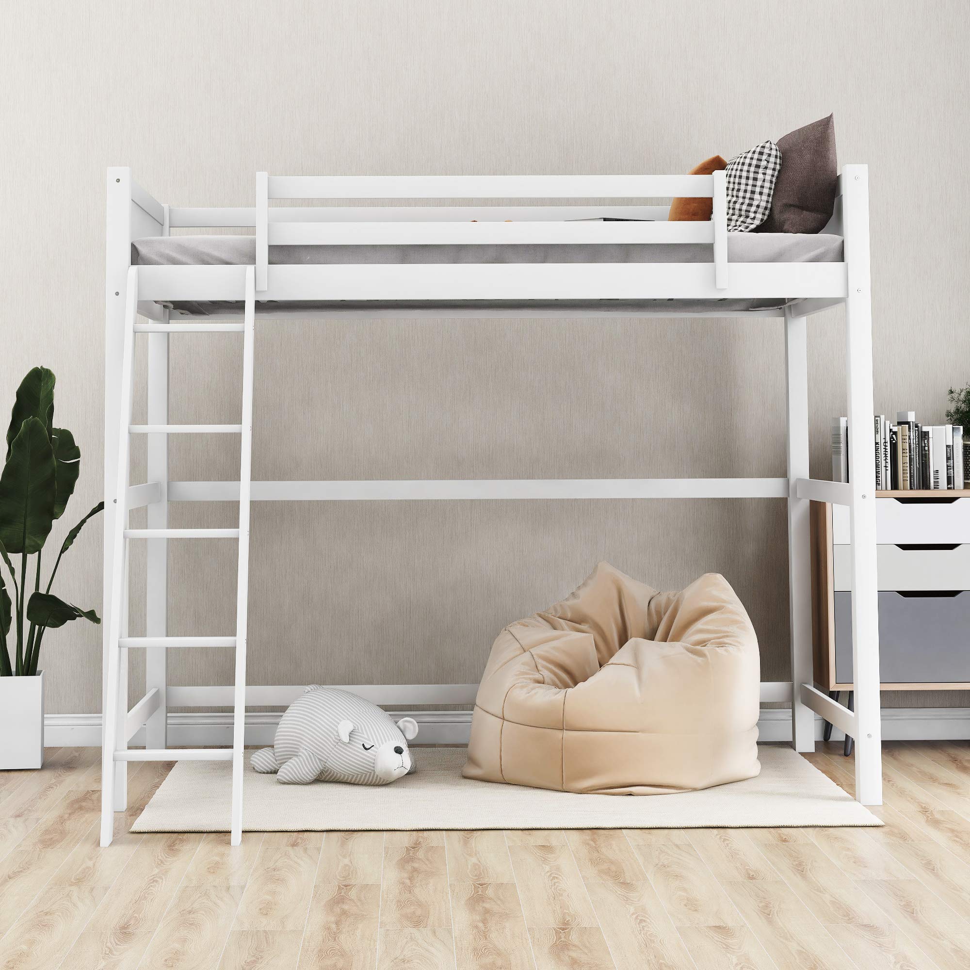 Merax Twin Loft Bed - Solid Wood Twin Size Loft Bed Frame with Ladder & Safety Guardrail - Space-Saving Kids & Teens Loft Bed (White) - Perfect for Small Bedrooms, Dorms & Studio Apartments