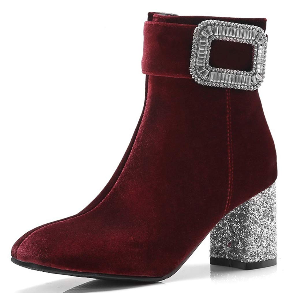 Stylish Women's Winter Ankle Boots with Square Toe & Crystal Bling Decor - Zip-Up High Heel Fashion Boots for Party, Office & Night Out