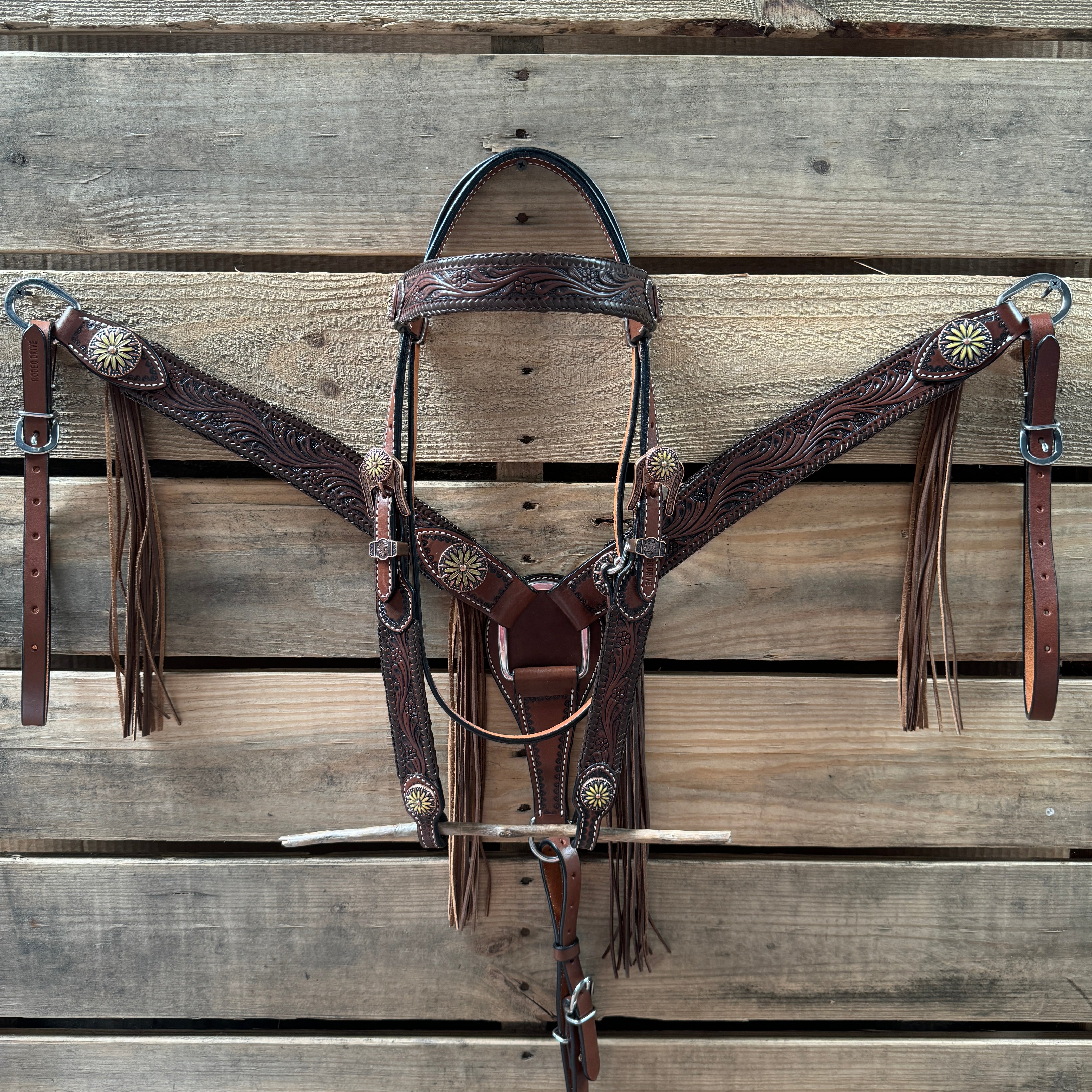 Premium Dark Oil Braided Sunflower Browband & One-Ear Breastcollar Tack Set for Horses - Durable Equestrian Riding Gear for Show, Trail & Dressage | Model #BBBC649