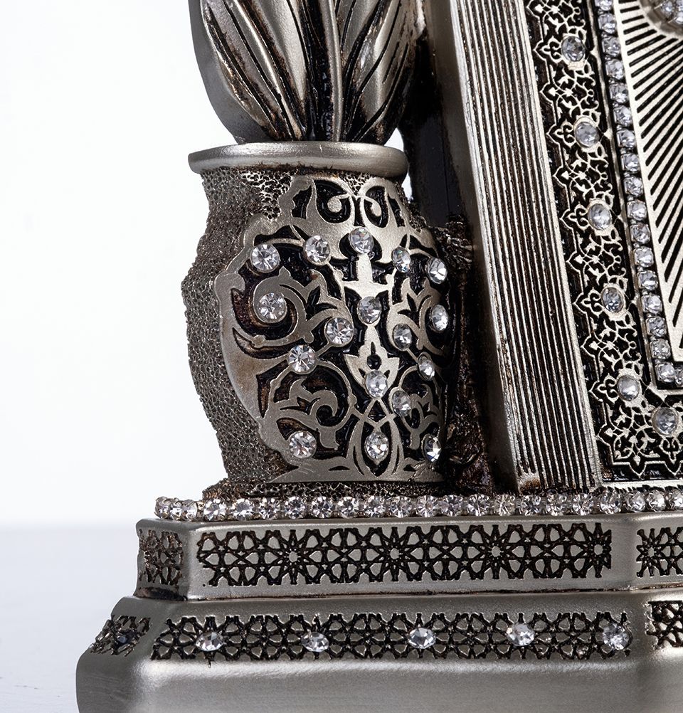 Islamic Table Decor Clock with Mushaf - Allah & Muhammad Engraved (S6000 Silver) - Perfect for Home, Mosque, and Gift Giving