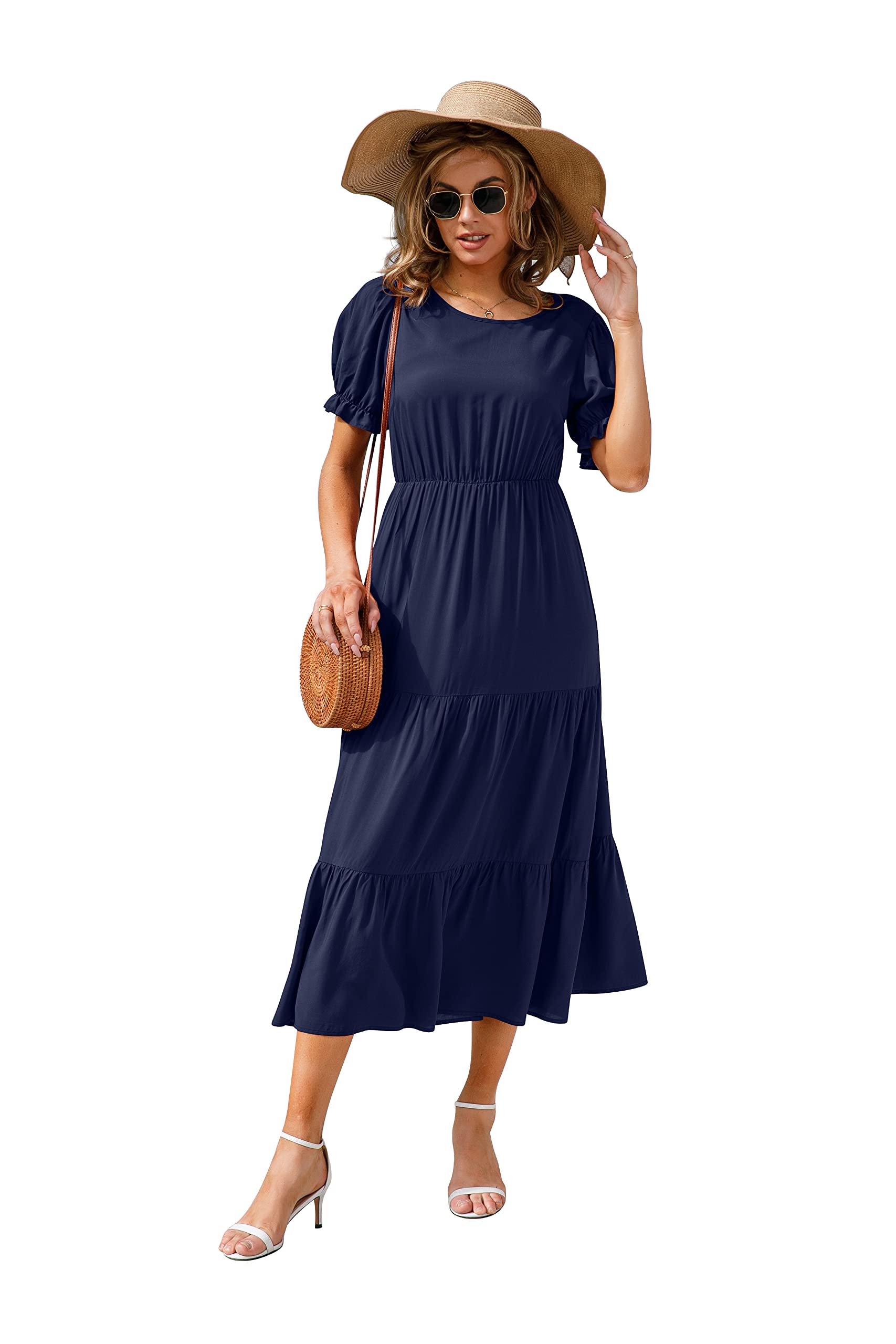 GRECERELLE Women's 2025 Spring Summer Casual Boho Dress - Loose Crewneck, Ruffle Puff Sleeve, High Waist Midi Dress for Beach, Vacation & Summer Outings