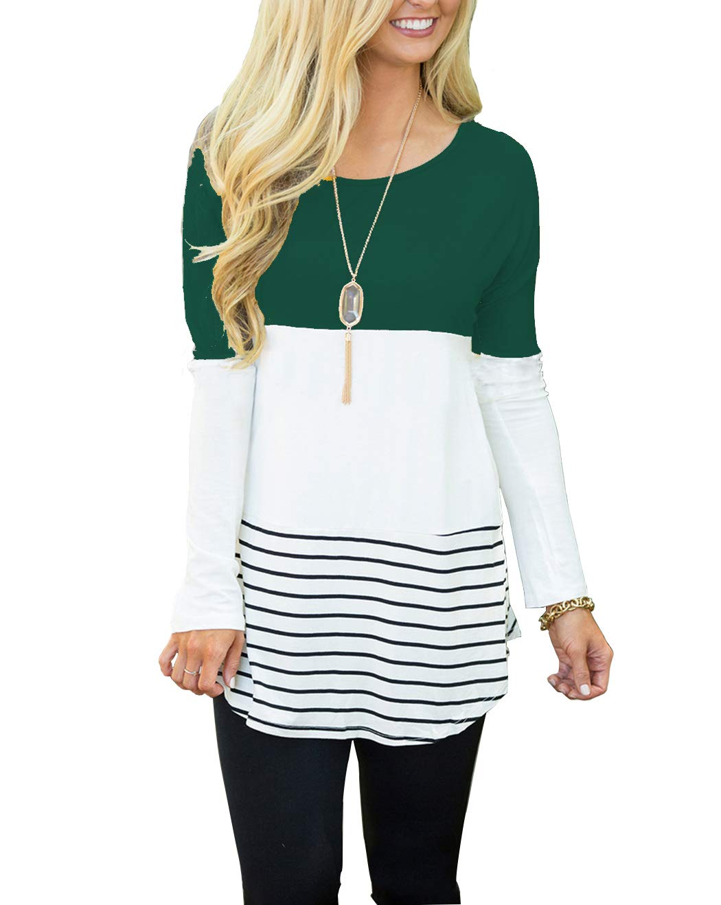 Hount Women's Back Lace Color Block Tunic Top Long Sleeve Blouse with Striped Hem - Stylish Casual Wear for Office, Date Night & Fall Layering