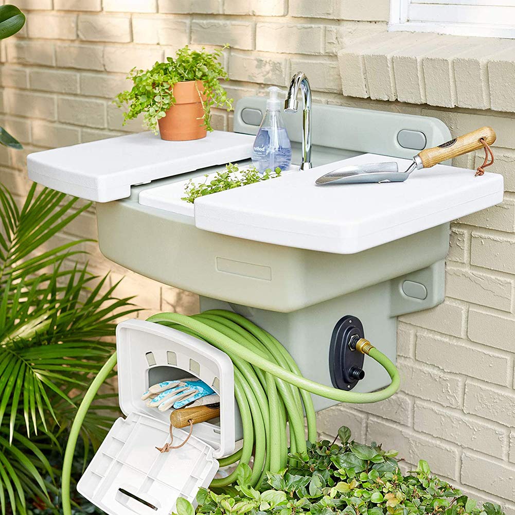 Wall Mounted Outdoor Garden Sink with Hose Holder - Durable Stainless Steel Utility Sink for Patio, Backyard, and Gardening Use
