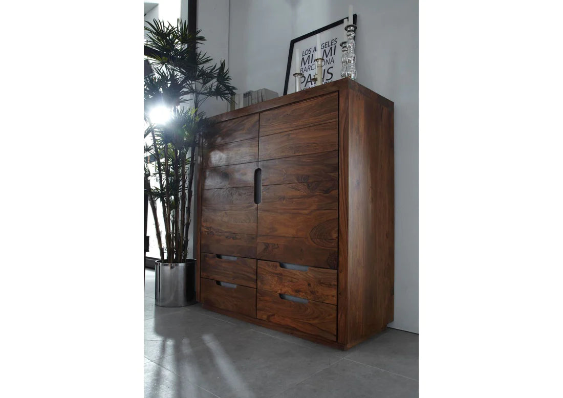Gfine Solid Sheesham Wood Sideboard - 2 Doors & 4 Drawers, 83x45x116Cm - Perfect for Living Room Storage, Dining Room Buffet & Entryway Organization