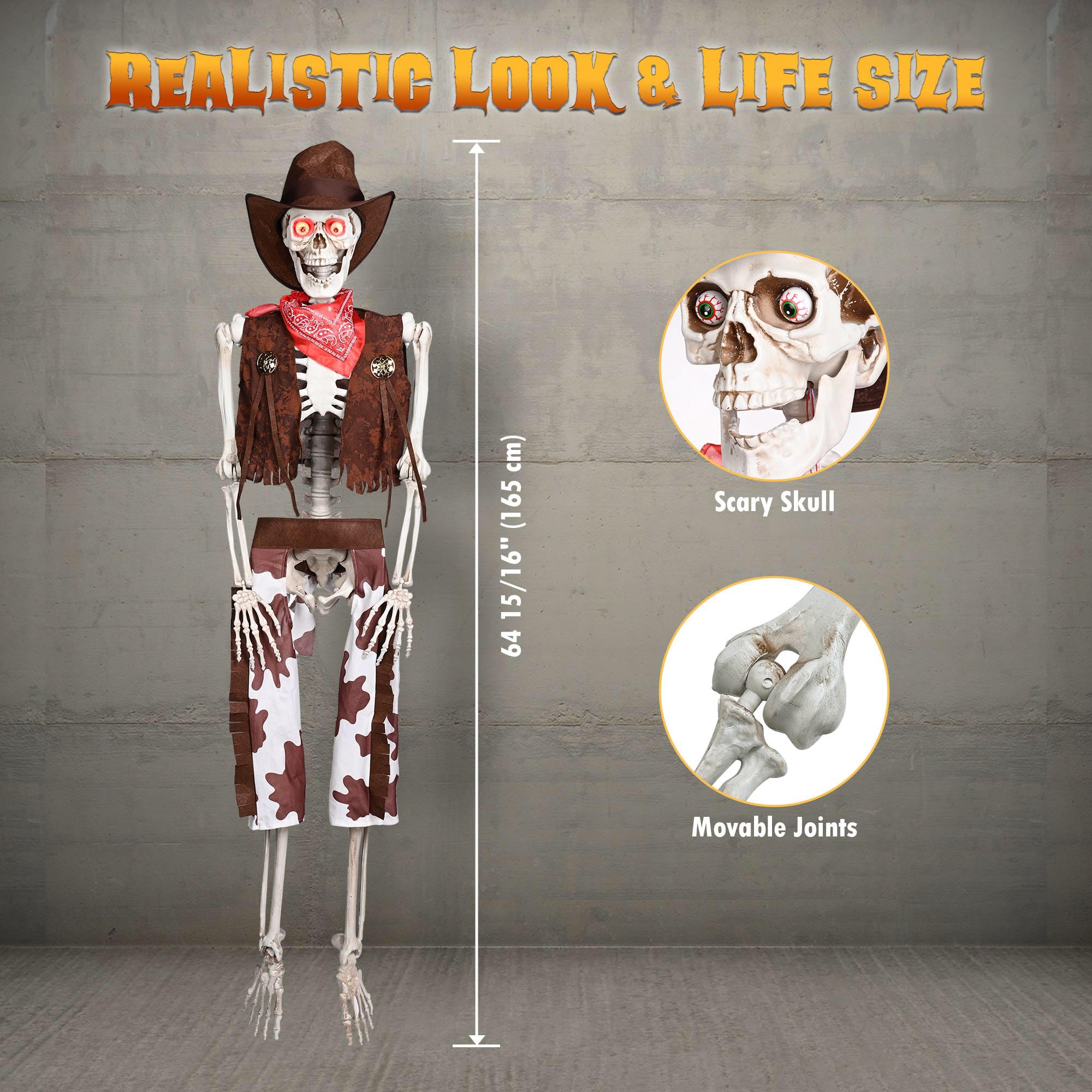 Life-Size Poseable Skeleton - 5.4ft Western Cowboy Halloween Decoration with Glowing Eyes | Haunted House Props, Party Decor, Photo Booth Backdrop (2024 Edition) - Perfect for Halloween Parties, Haunted Attractions, and Spooky Home Decor