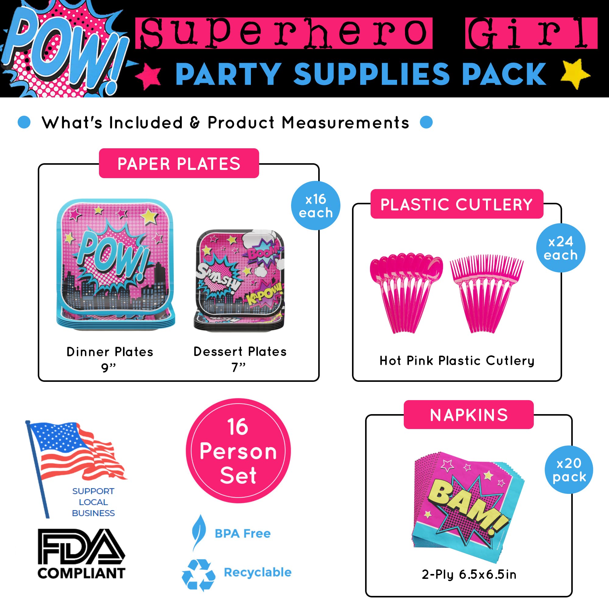 Blue Orchards Superhero Girl Party Pack (100 Pieces for 16 Guests) - Birthday Party Decorations, Plates & Napkins Set - Perfect for Kids Birthday Parties, Superhero Themed Events & Baby Showers